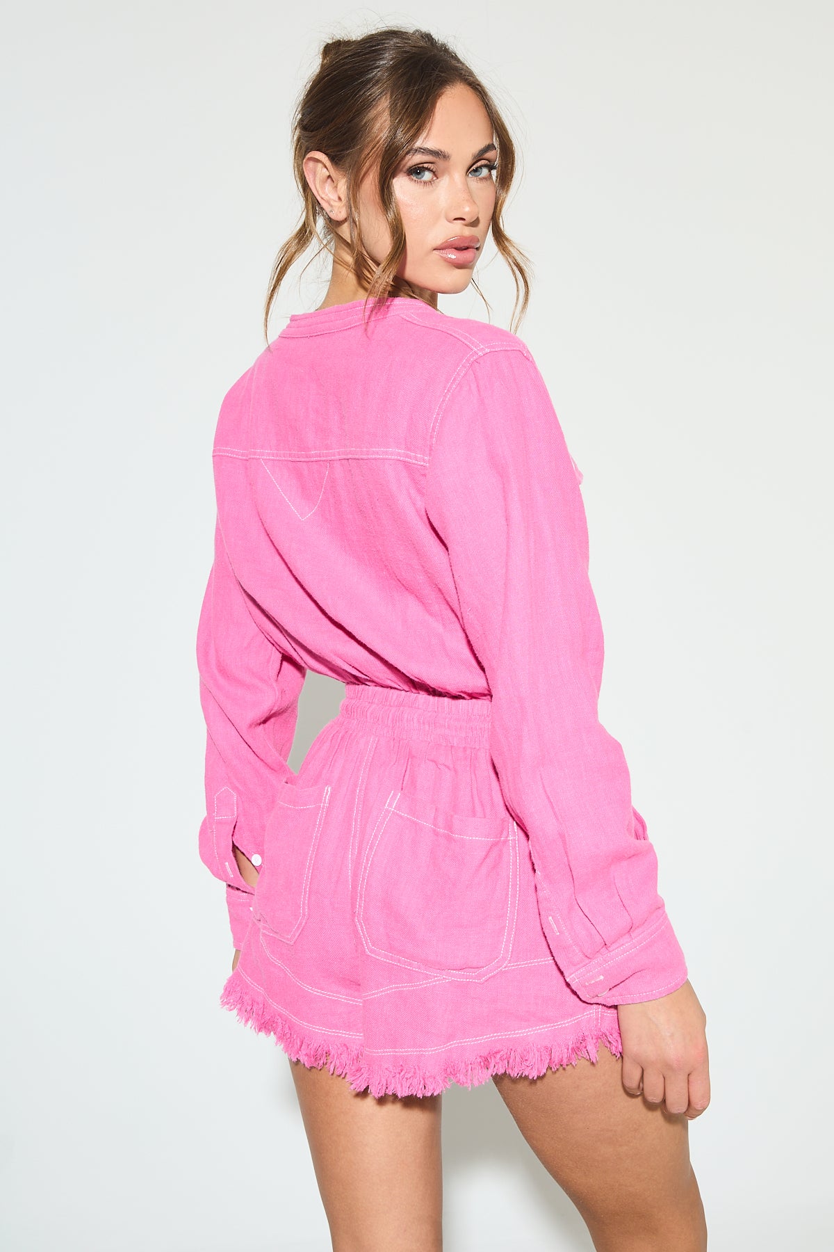 ISABEL Pink Linen Frayed Playsuit