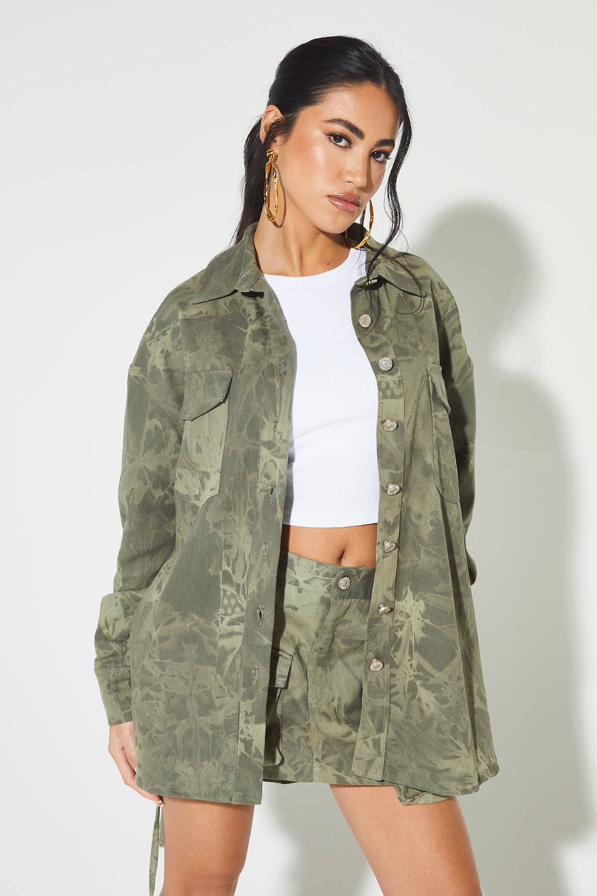 IVANA Khaki Acid Wash Oversized Shirt