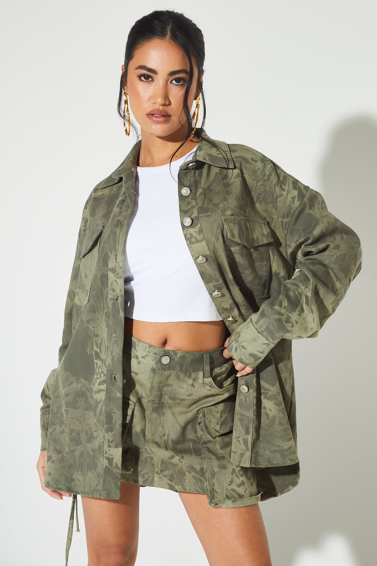 STASSIE Khaki Acid Wash Cargo Mini Skirt