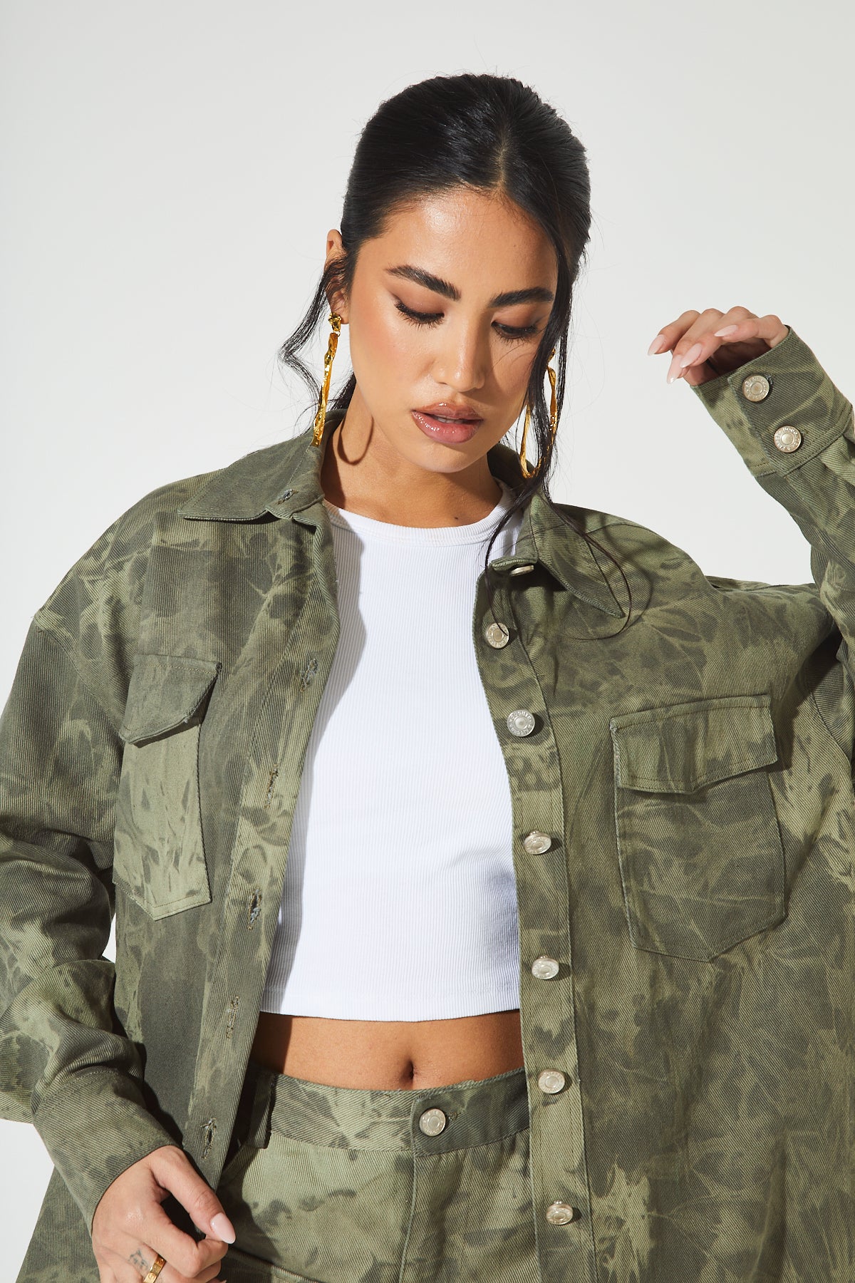 IVANA Khaki Acid Wash Oversized Shirt