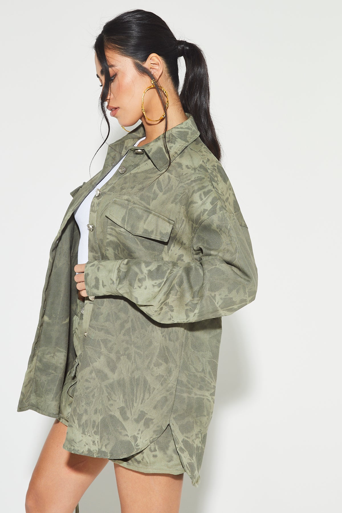 IVANA Khaki Acid Wash Oversized Shirt