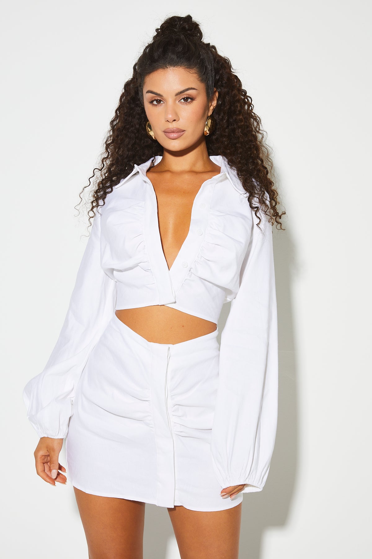 MELINA White Ruched Shirt Dress