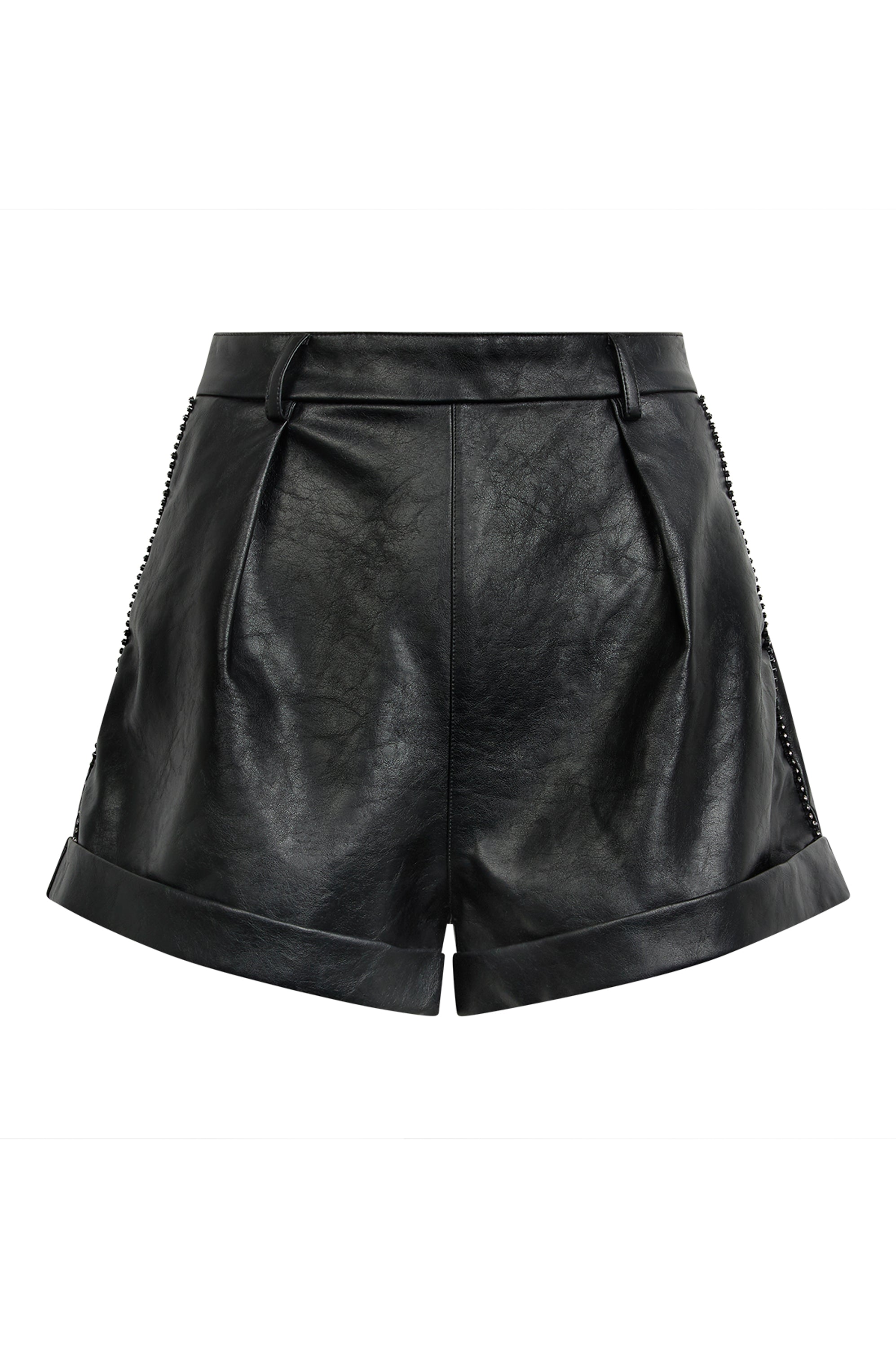 LORENZA Black Diamante PU Leather Shorts