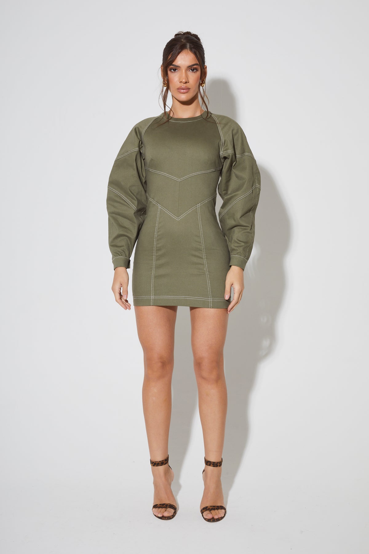 KALI Khaki Contrast Stitch Mini Dress