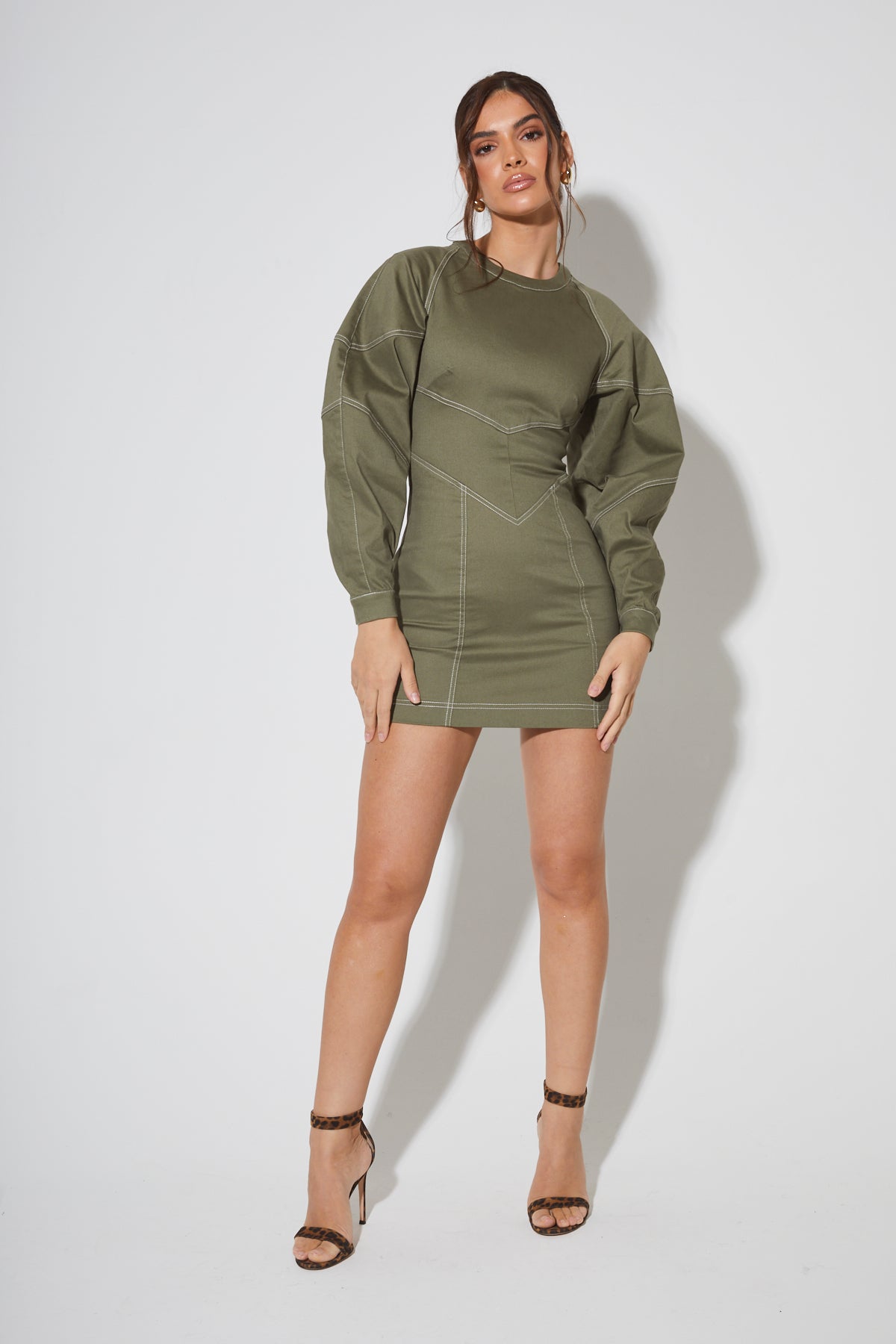 KALI Khaki Contrast Stitch Mini Dress