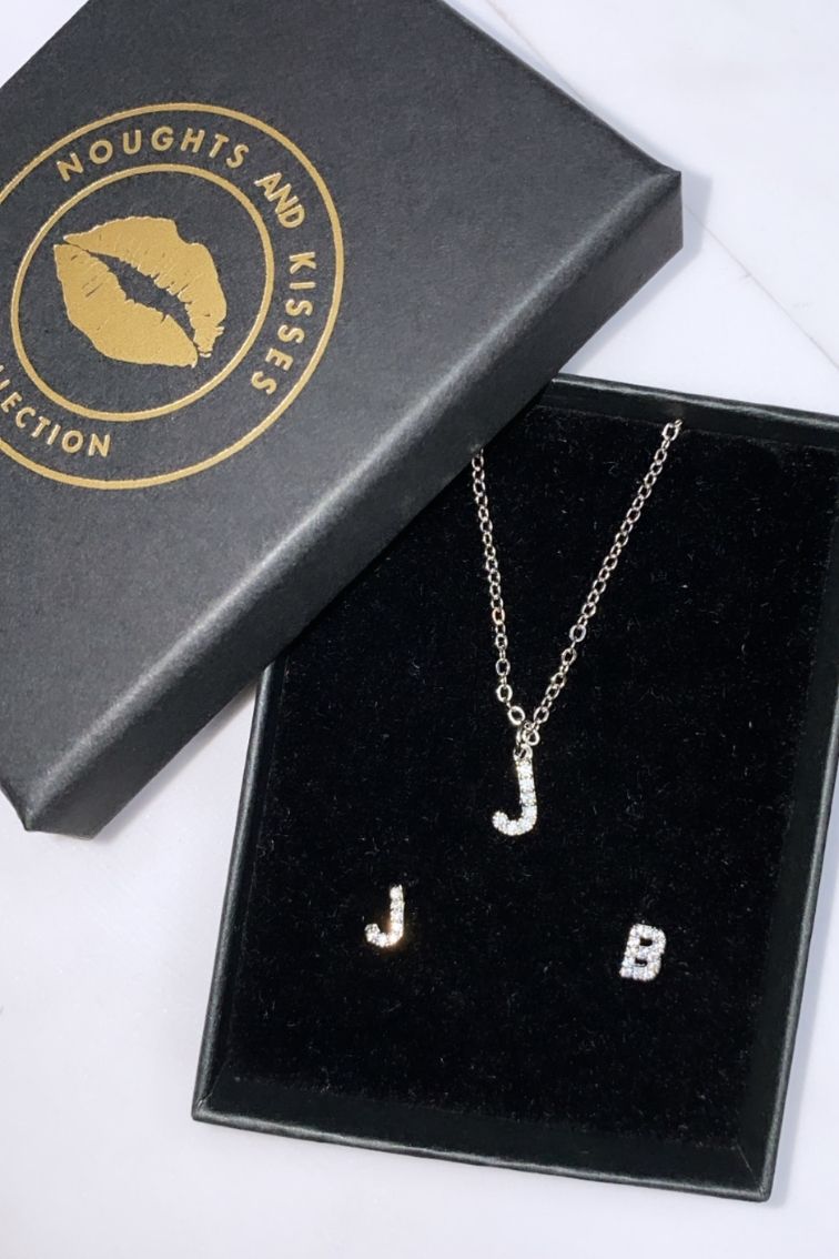 Initial Crystal Earrings & Necklace Set / Silver