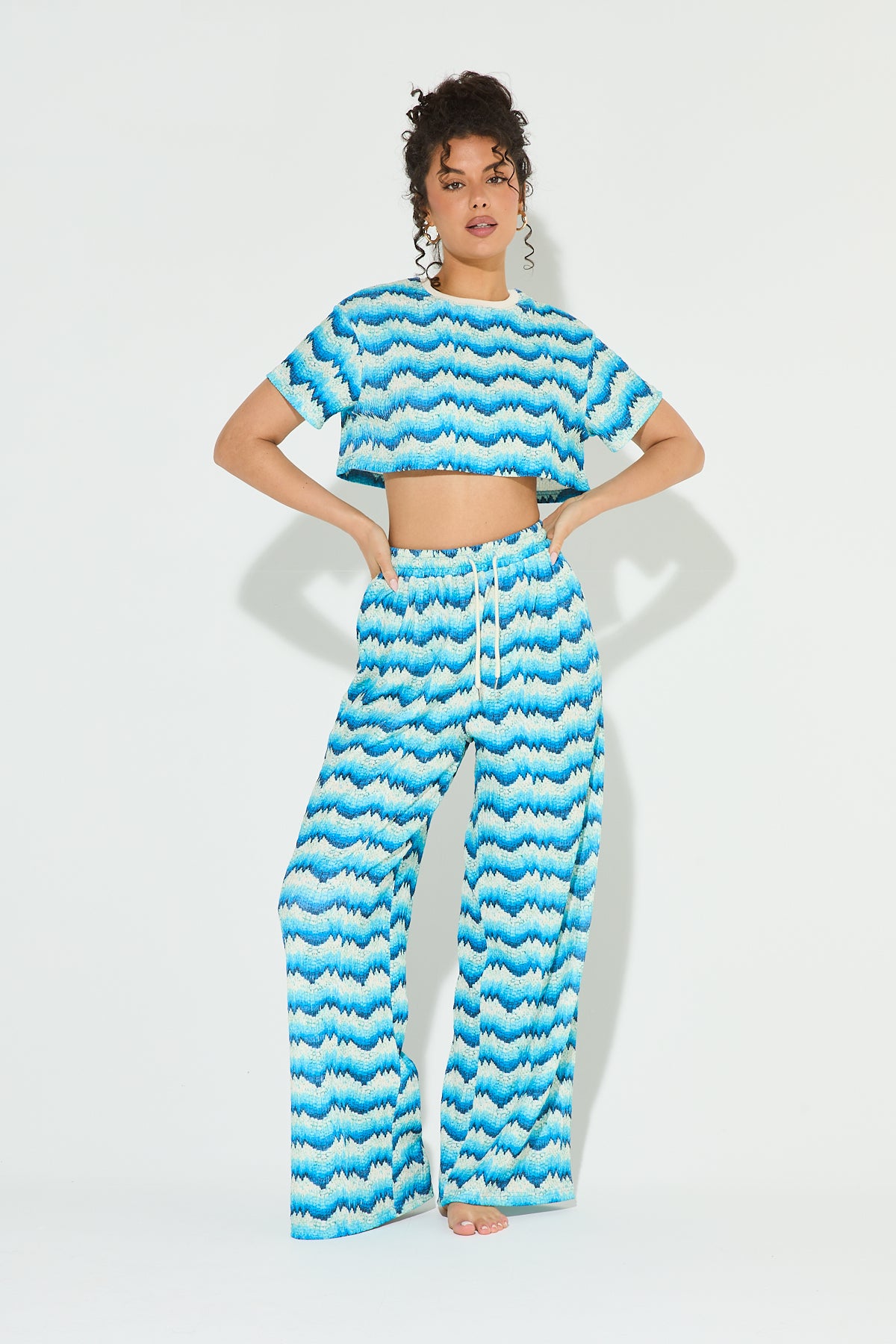 ARIA Blue & White Printed Top and Pant Co Ord