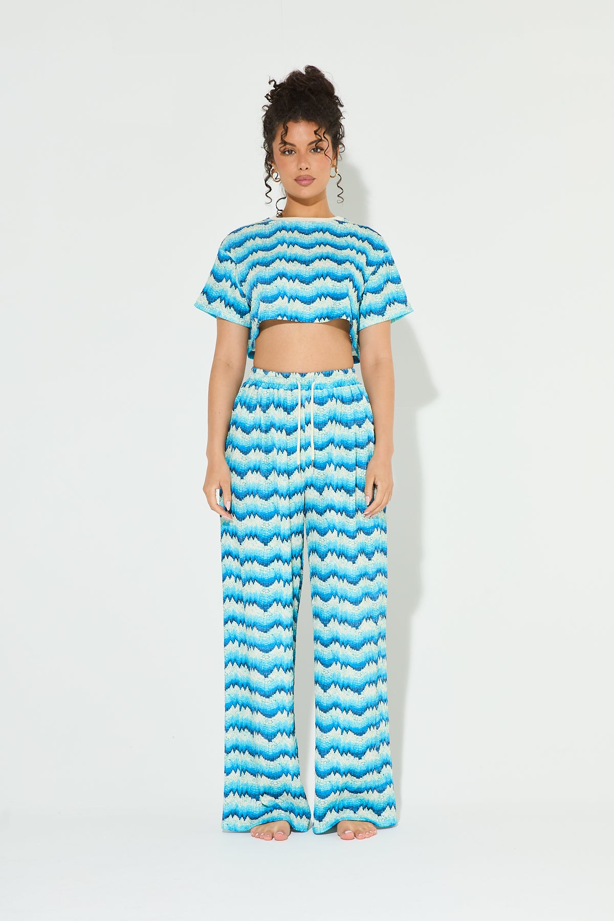 ARIA Blue & White Printed Top and Pant Co Ord