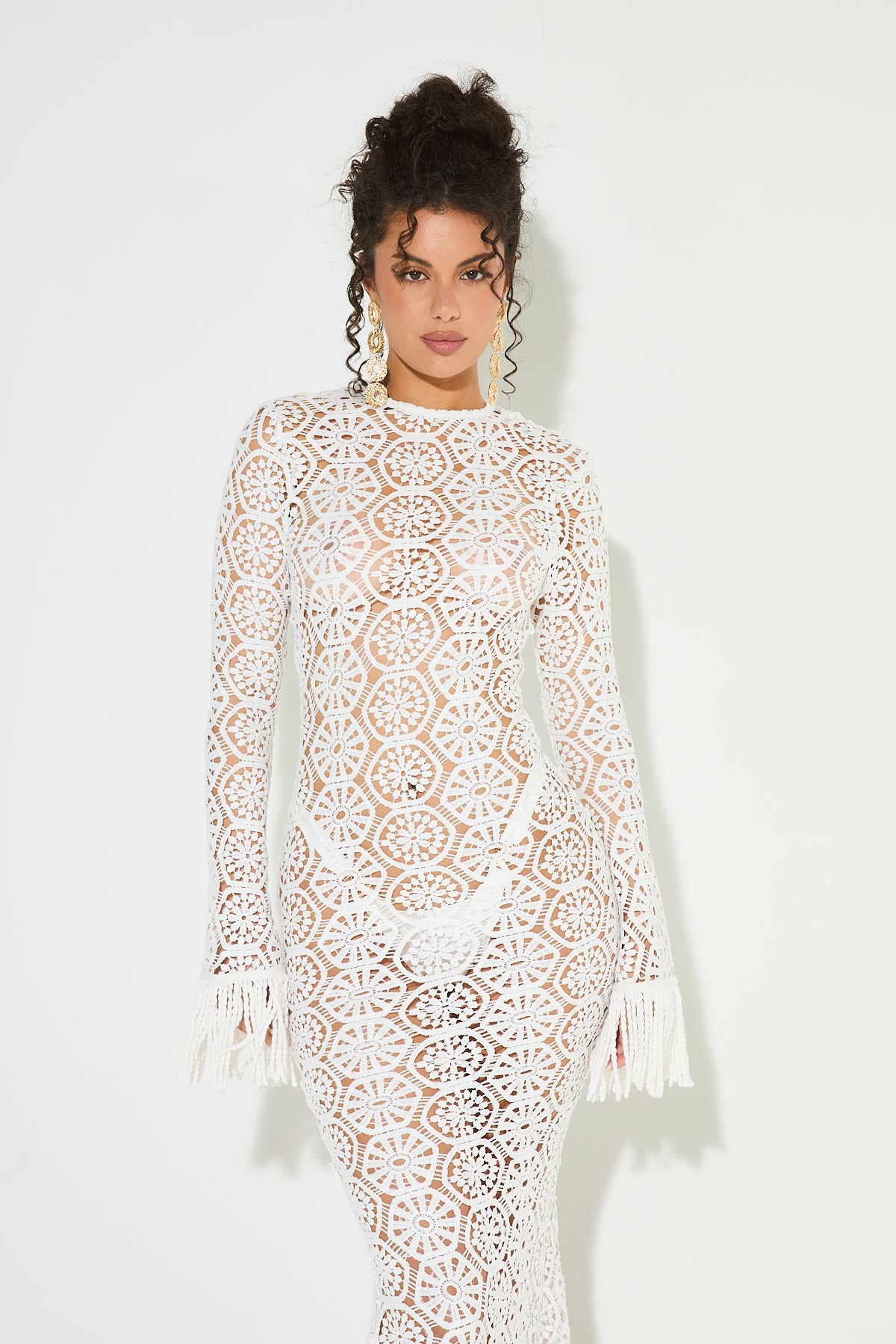 DELILAH White Crochet Fringe Maxi Dress