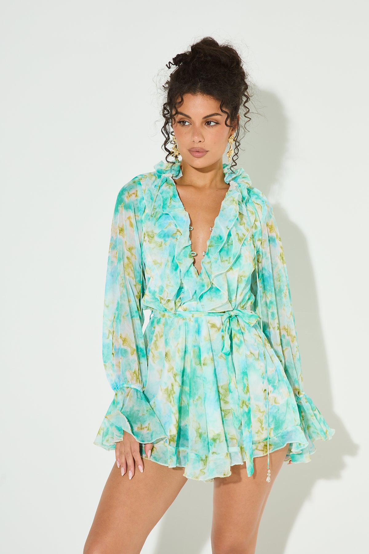 ISSY Green Printed Ruffle Playsuit