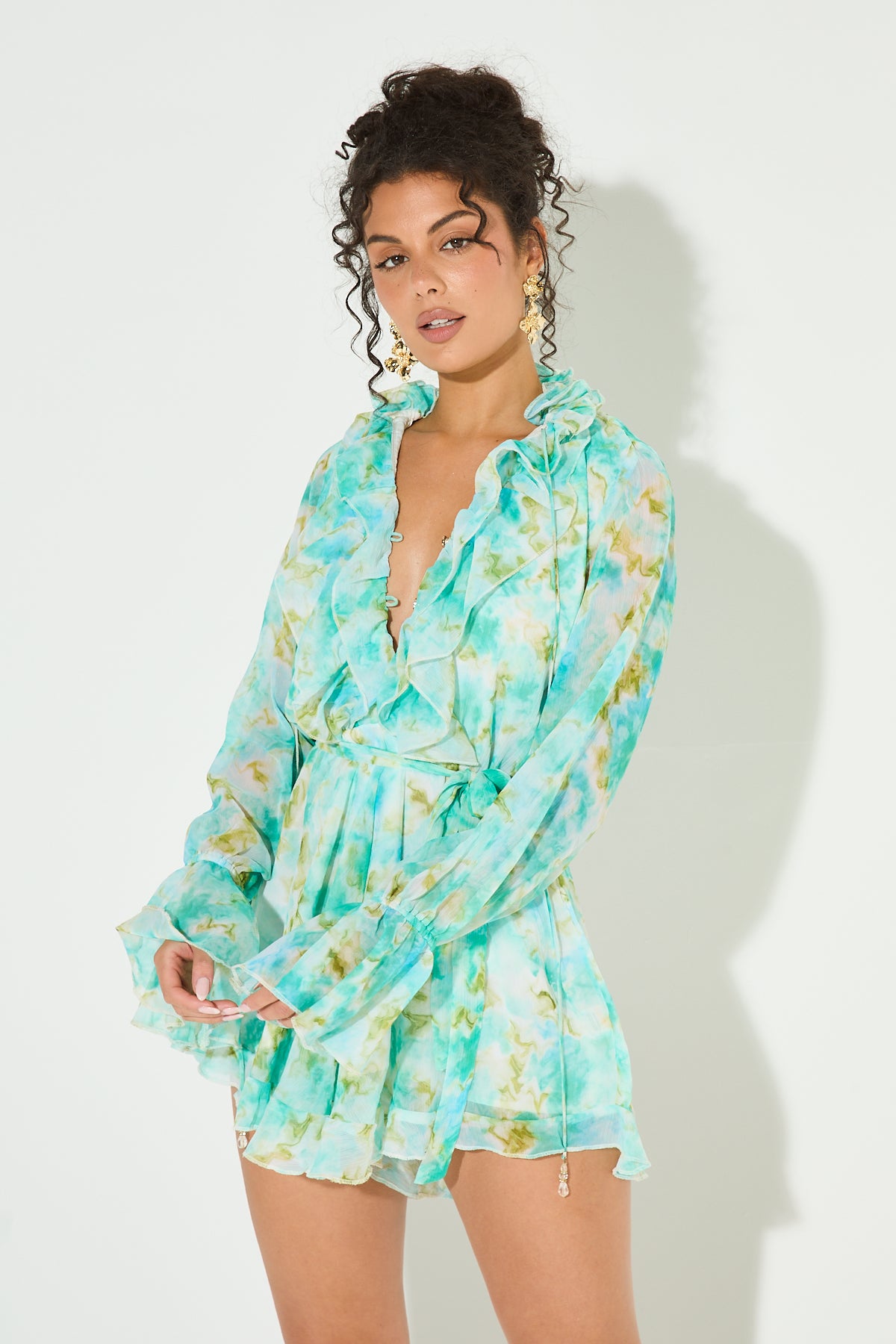 ISSY Green Printed Ruffle Playsuit