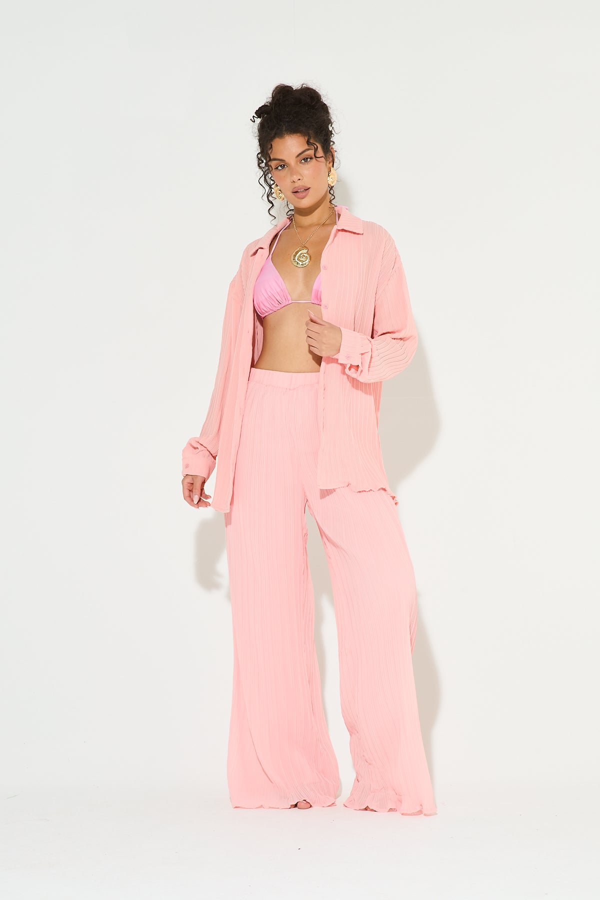 CHIA Pink Plisse Top & Trouser Set