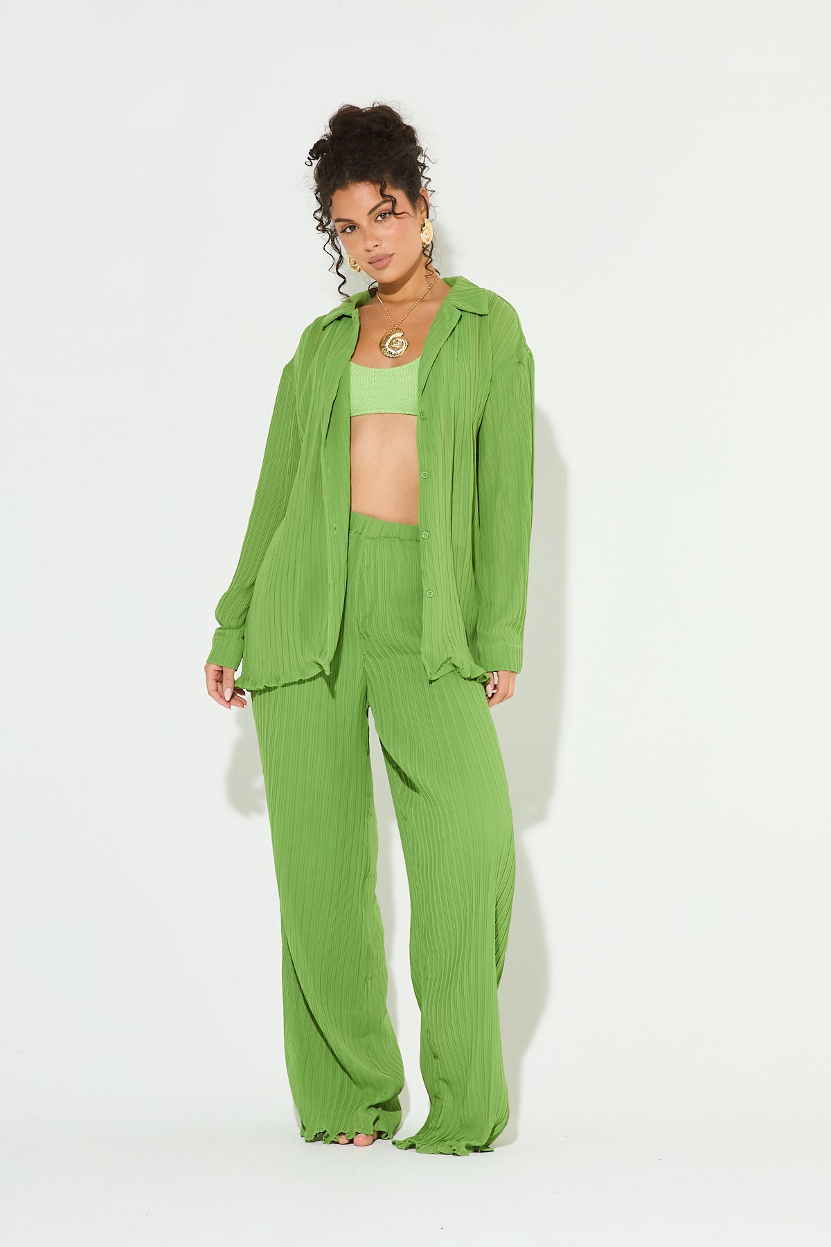 CHIA Green Plisse Top & Trouser Set