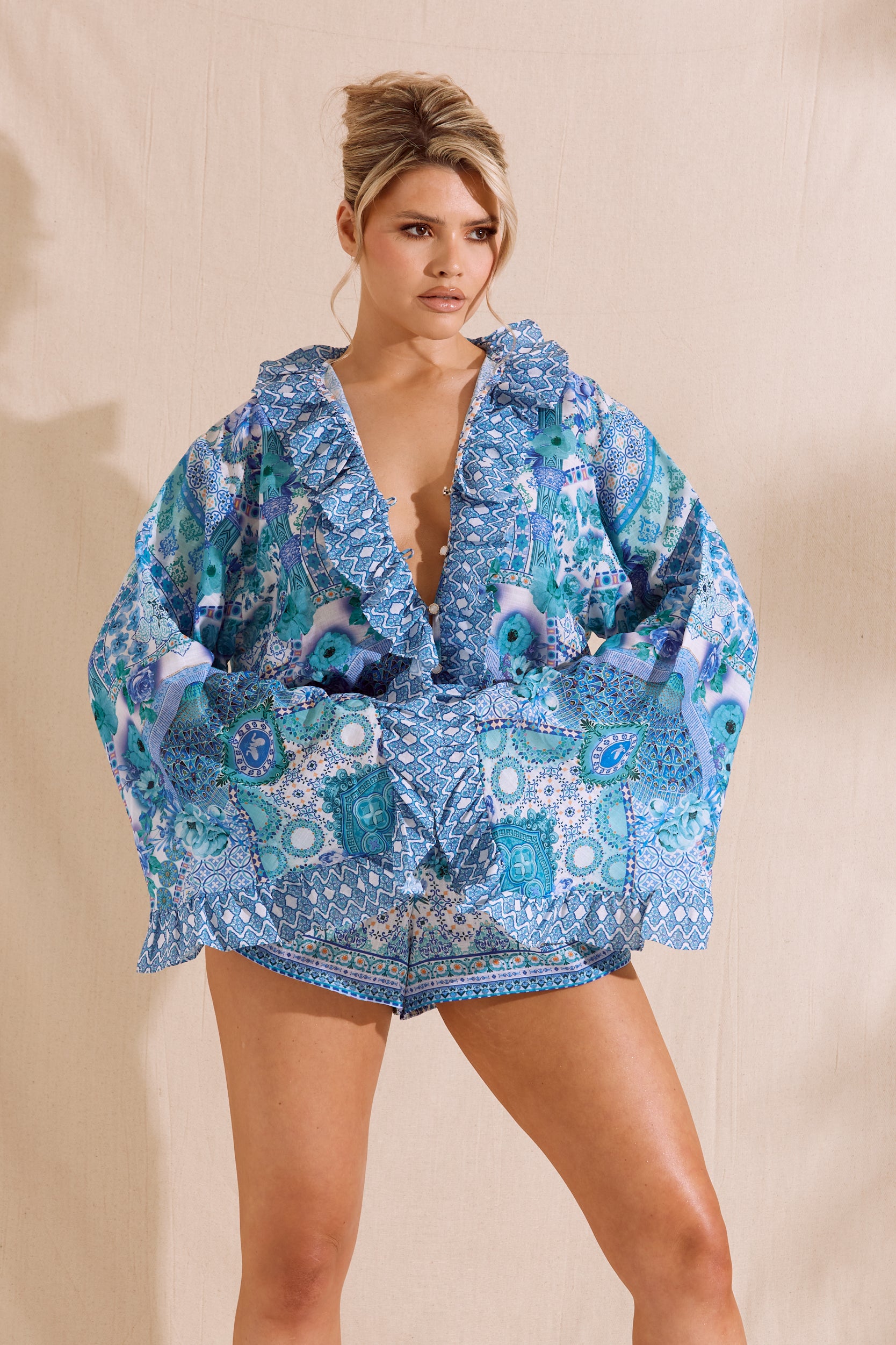 KASIA Blue Printed Ruffle Playsuit