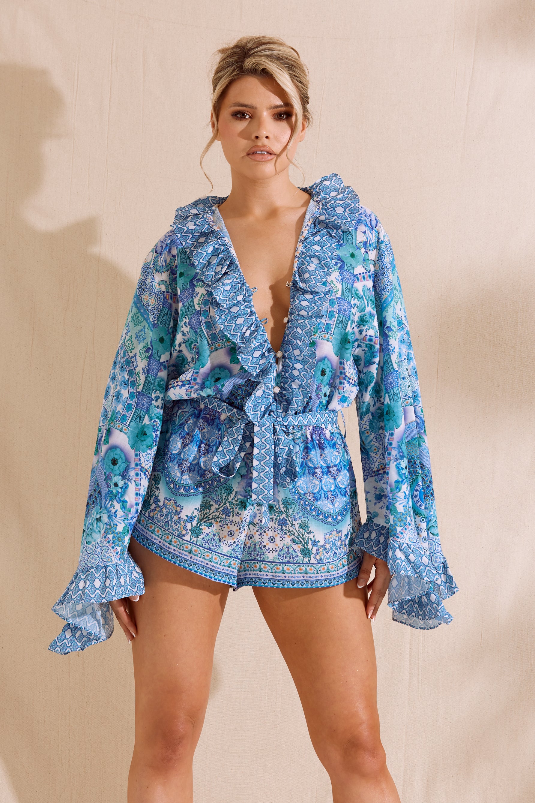 KASIA Blue Printed Ruffle Playsuit
