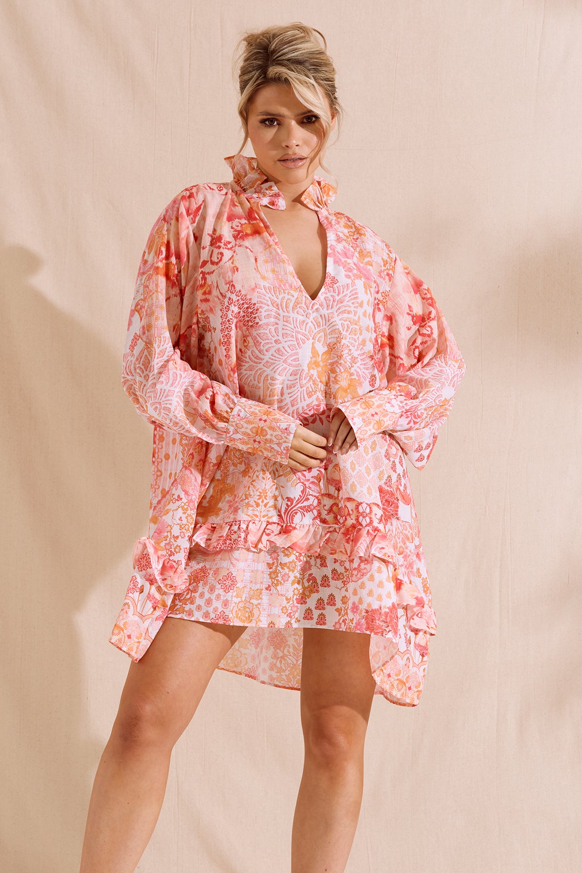 LEONIE Pink Printed Bow Dress