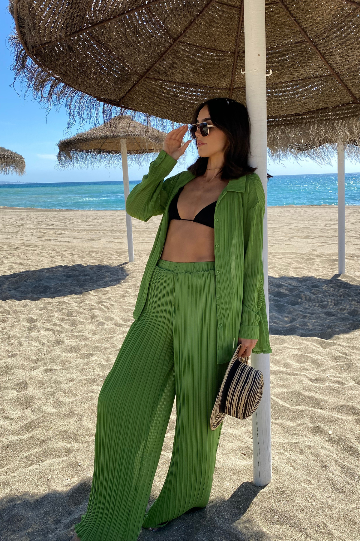 CHIA Green Plisse Top & Trouser Set