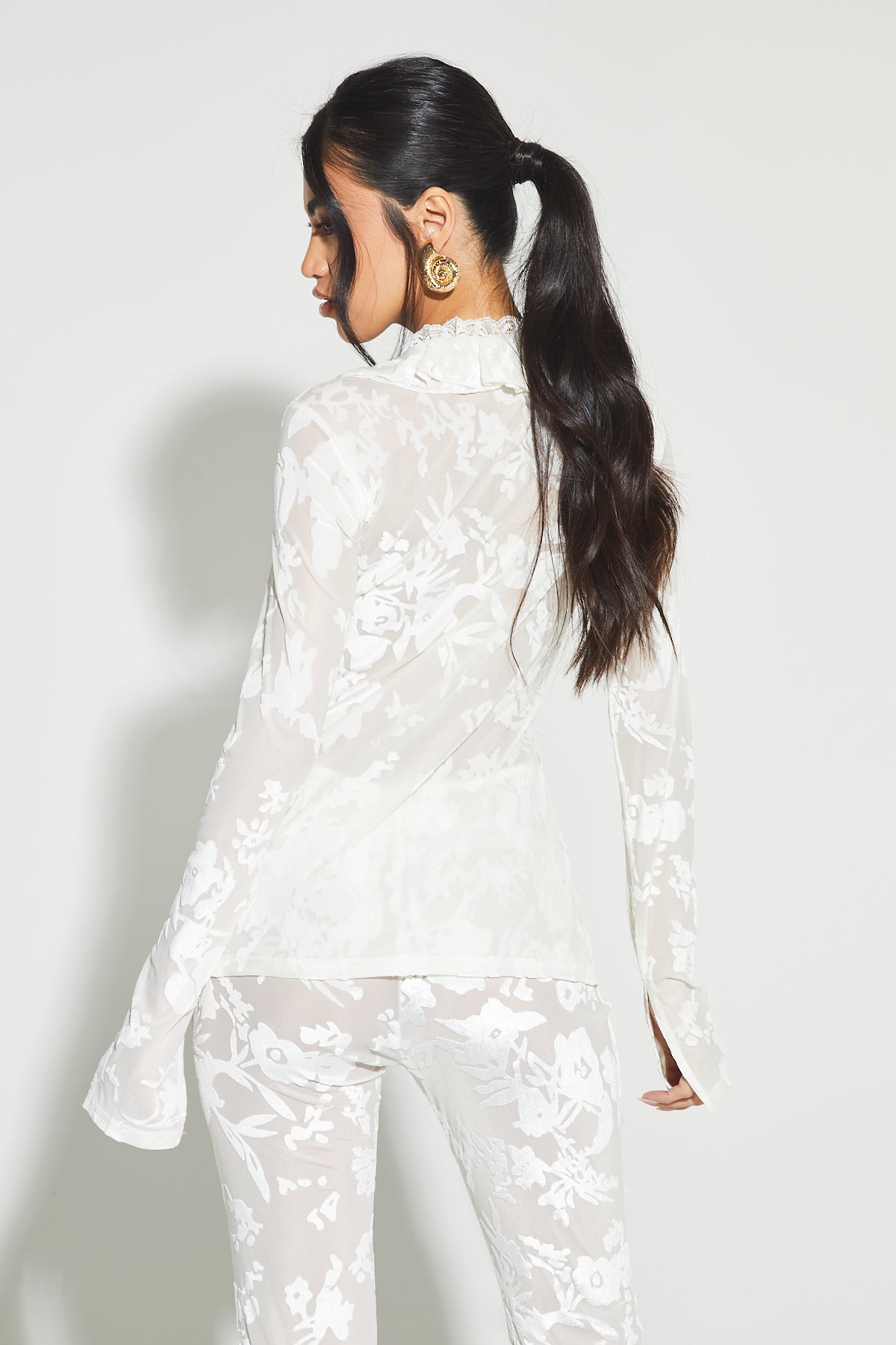 TALLULAH Cream Flocked Ruffle Blouse