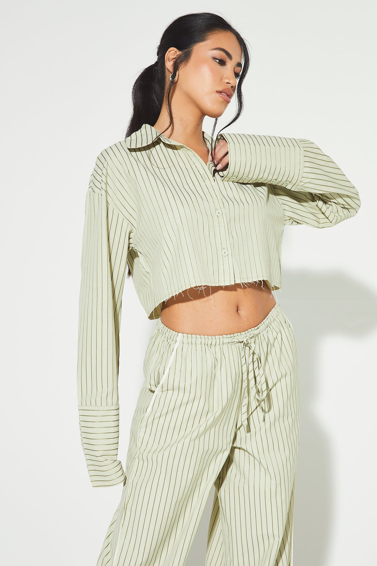 REIA Sage Green Stripe Cropped Shirt