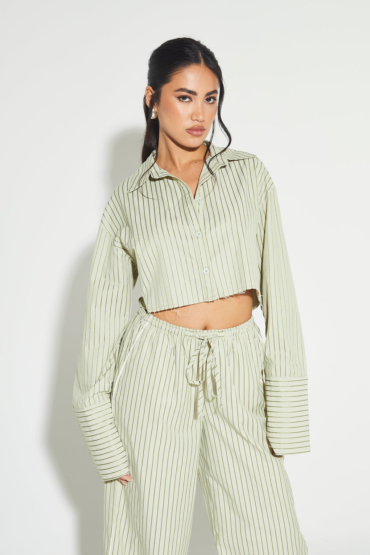 REIA Sage Green Stripe Cropped Shirt