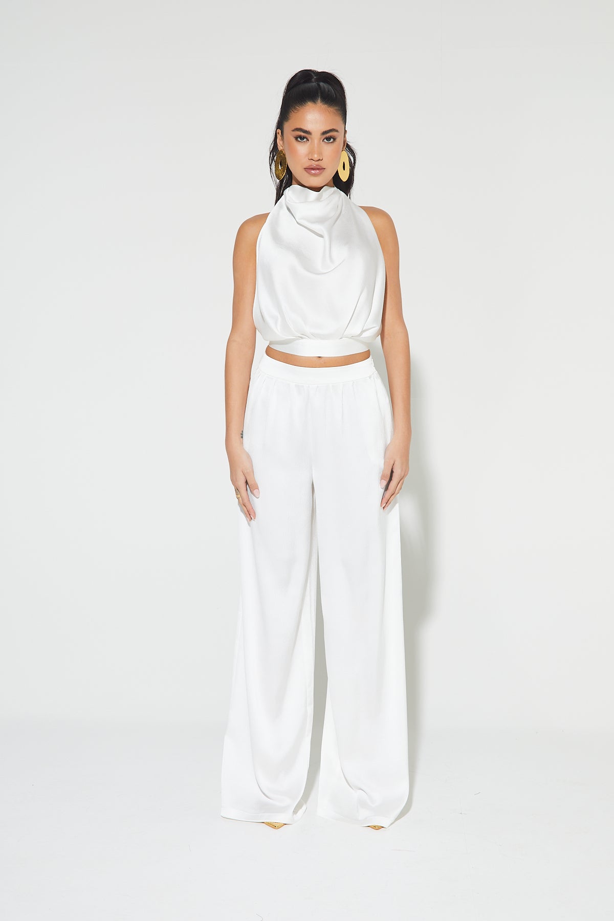 SAFIYA White Satin Halter Top & Pant Co-Ord