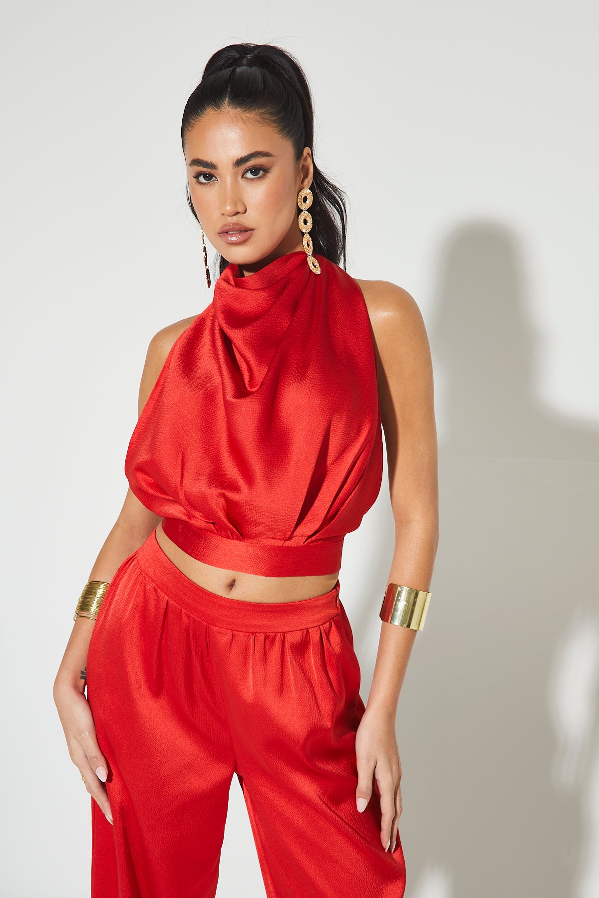 red satin halter top