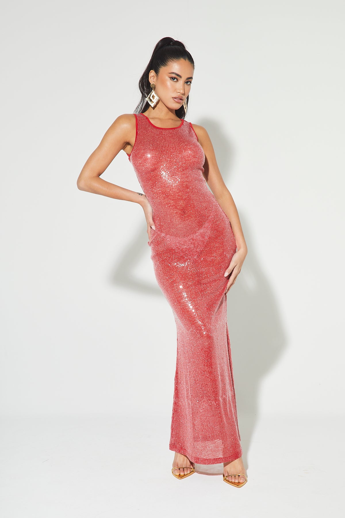 CINZIA Red Sequin Sheer Maxi Dress