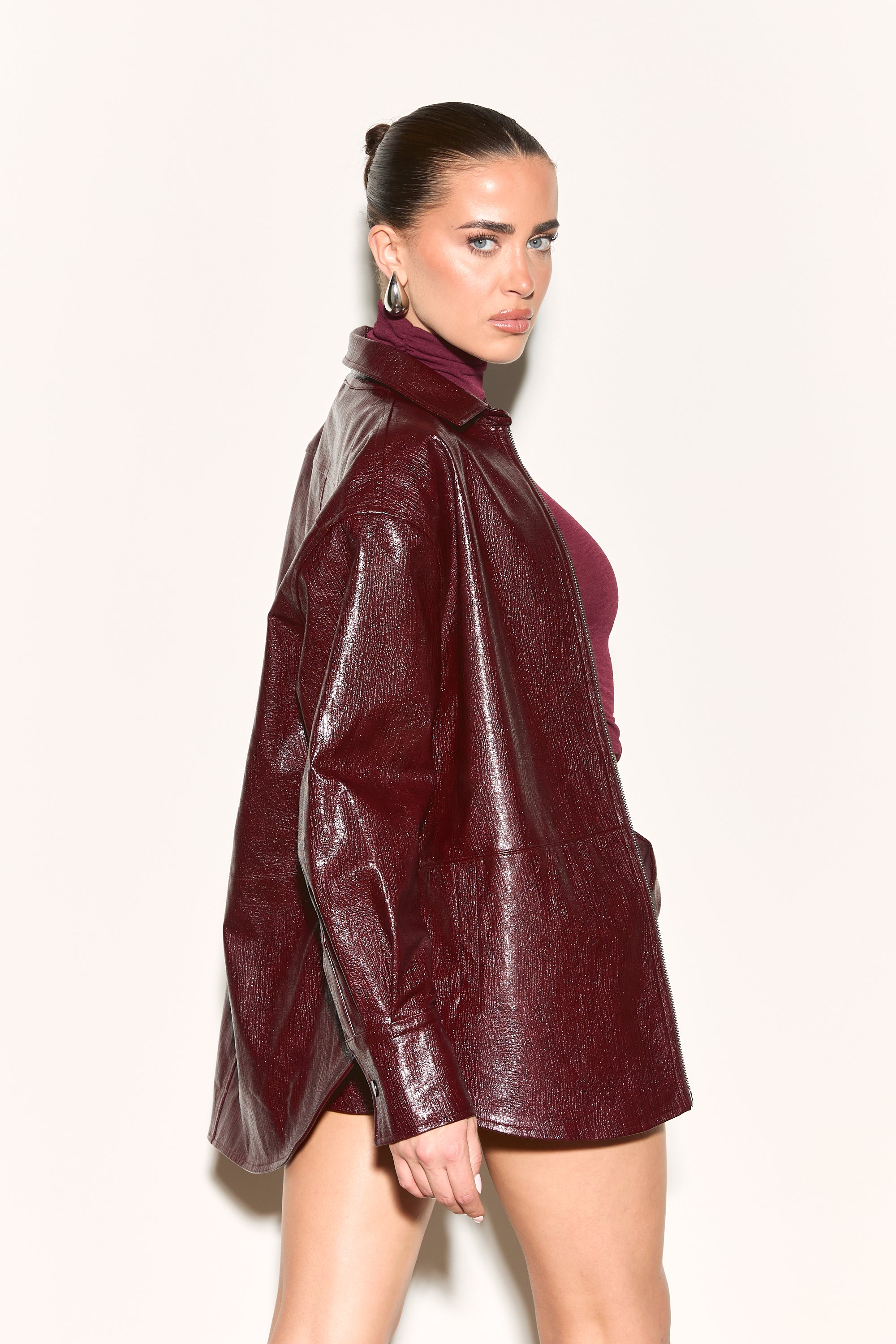 ATHENA Burgundy Vinyl Oversized Zip Front Shirt – Noughts & Kisses