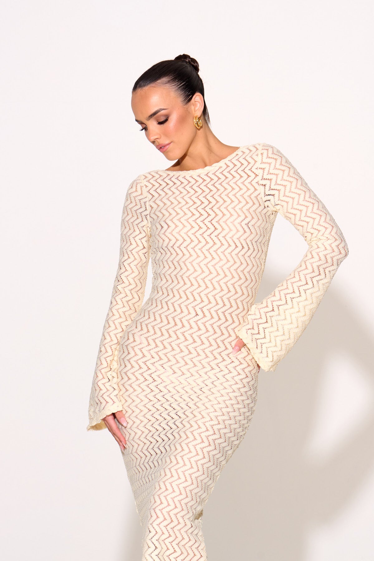 SASKIA Beige Zig Zag Crochet Maxi Dress