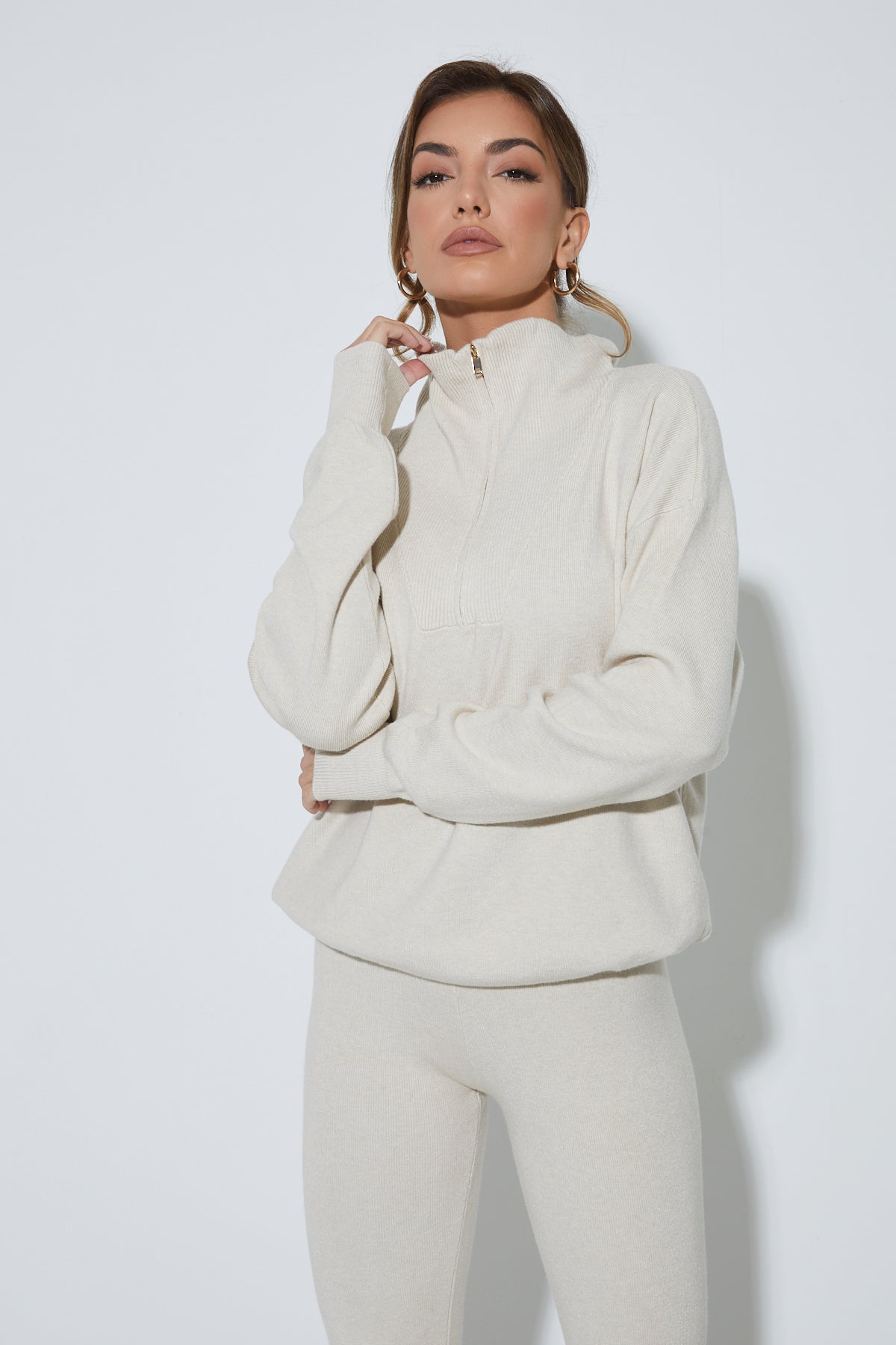 MARLOWE Cream Zip Up Lounge Set