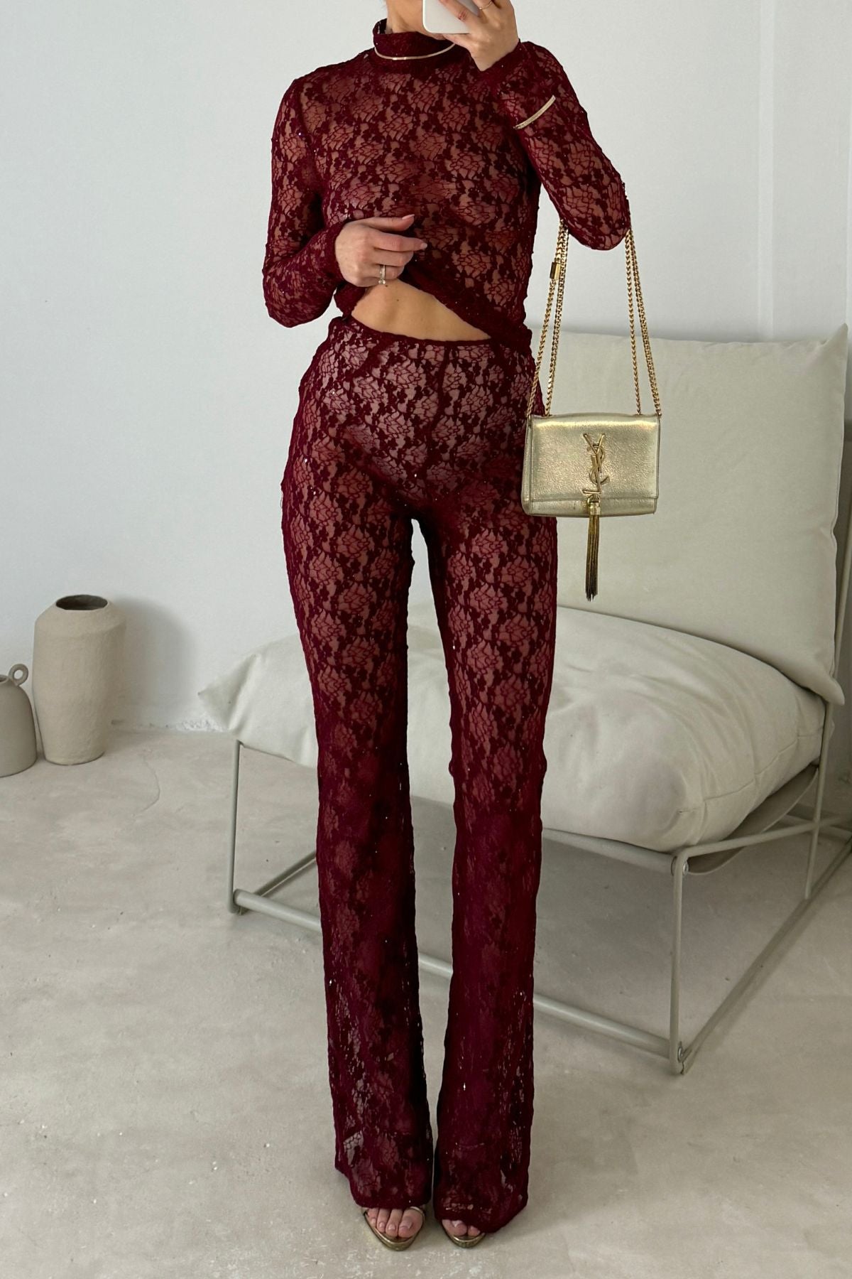 Women Burgundy Side Zipper Bell Bottom Pants