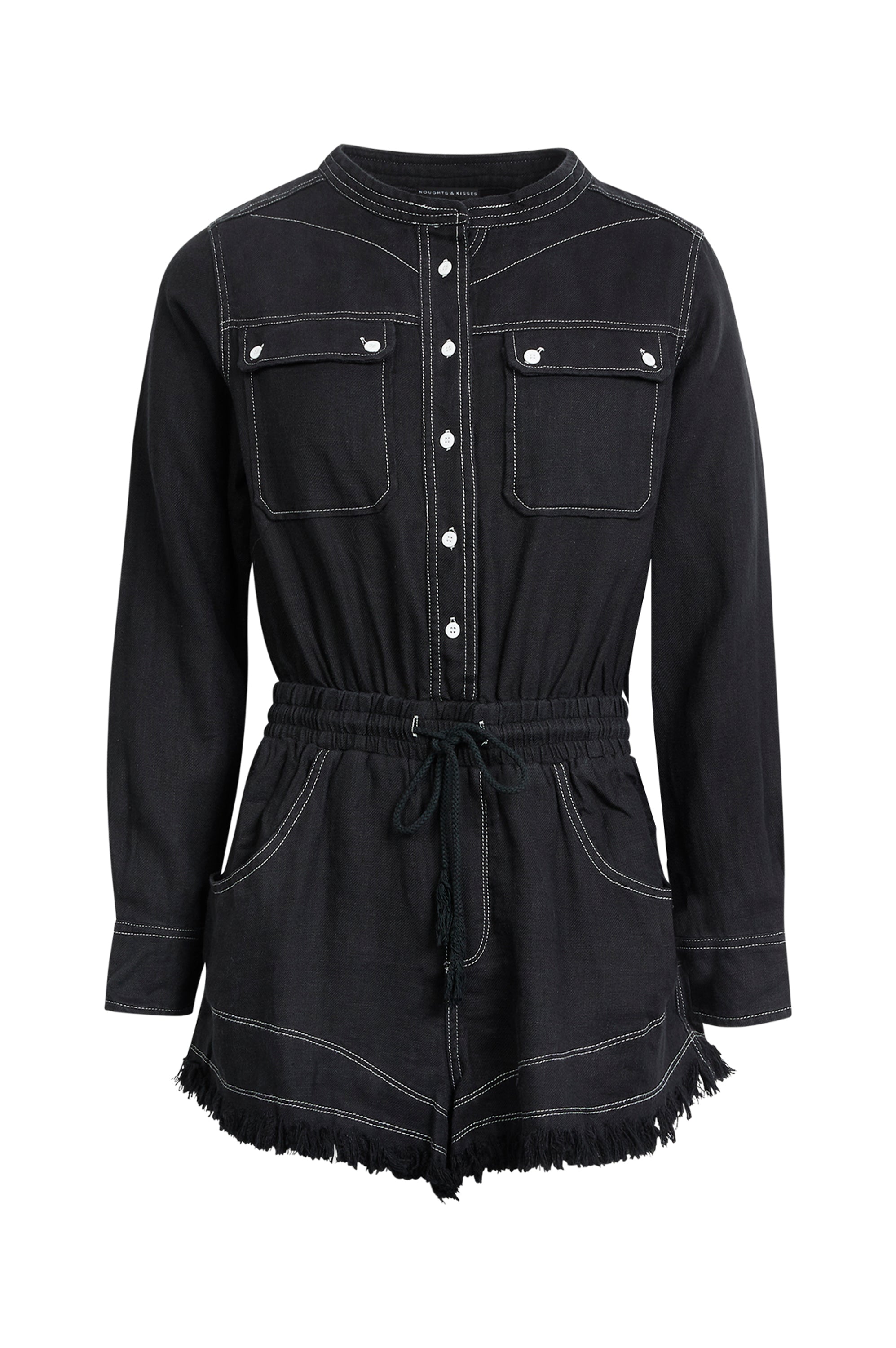 ISABEL Black Linen Frayed Playsuit