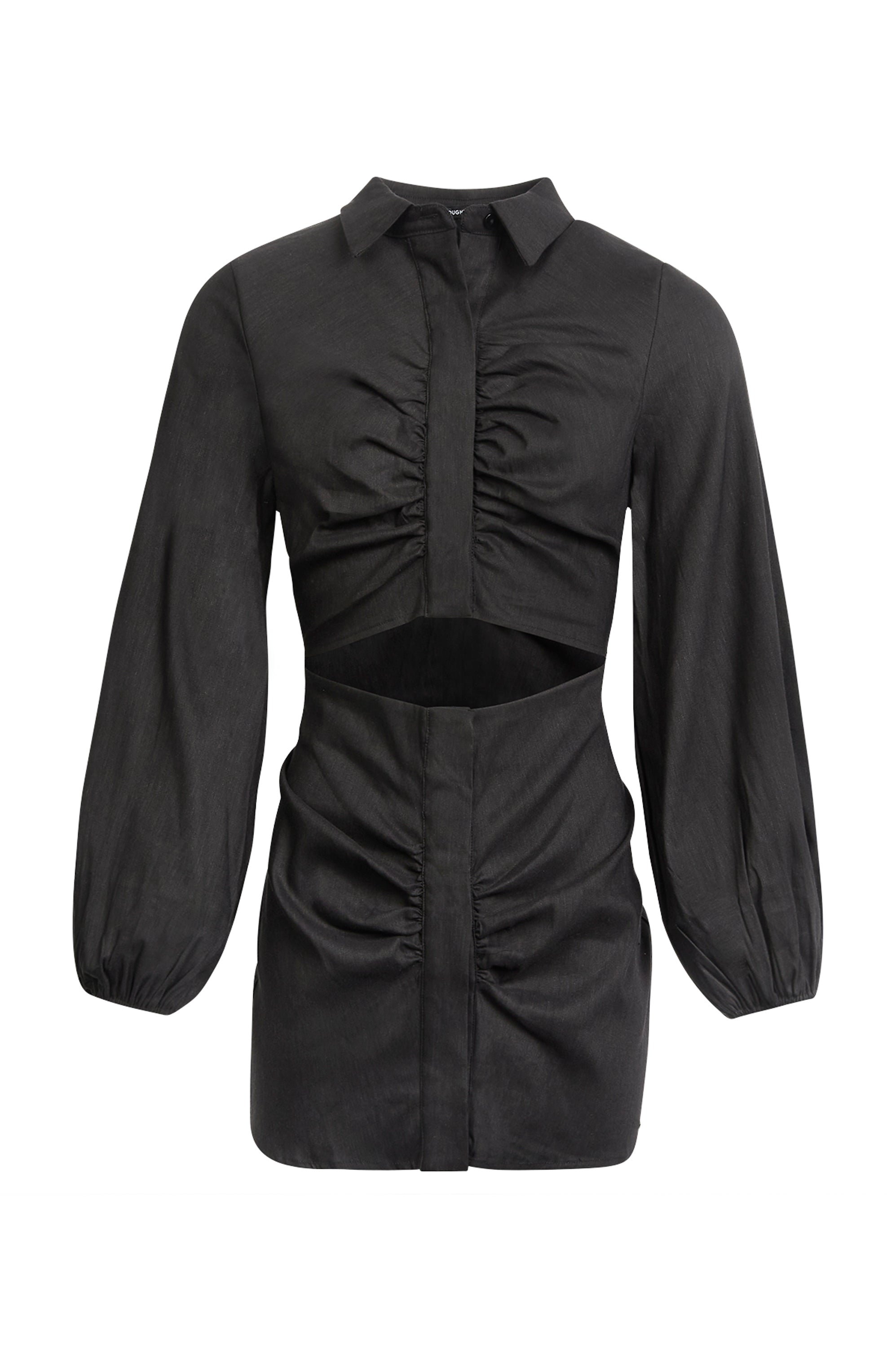 MELINA Black Ruched Shirt Dress