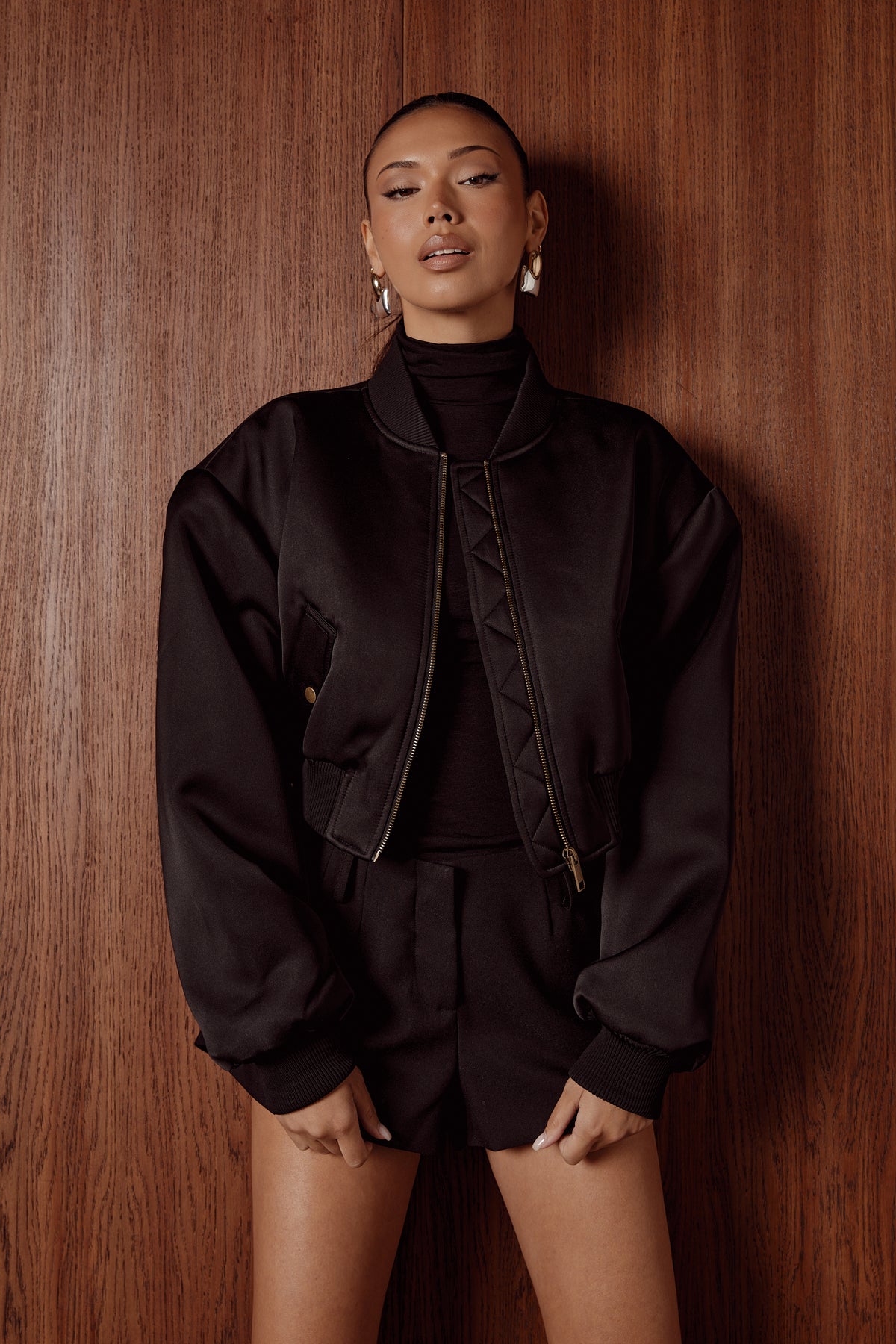 LIORA Black Satin Bomber Jacket