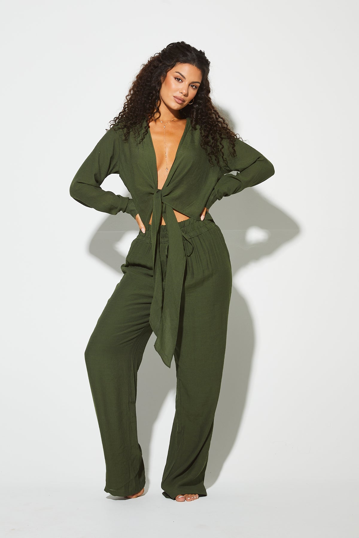 PERLA Khaki Textured Pant Co Ord