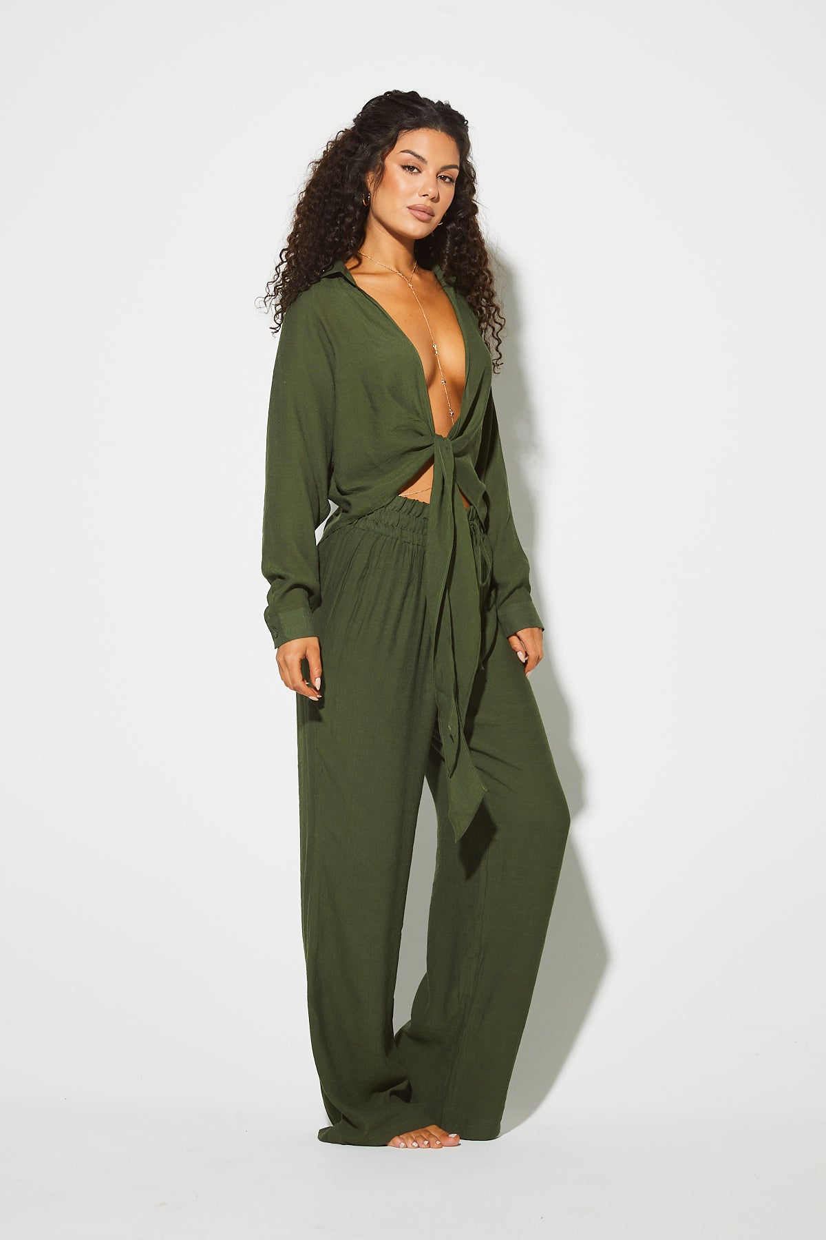 PERLA Khaki Textured Pant Co Ord