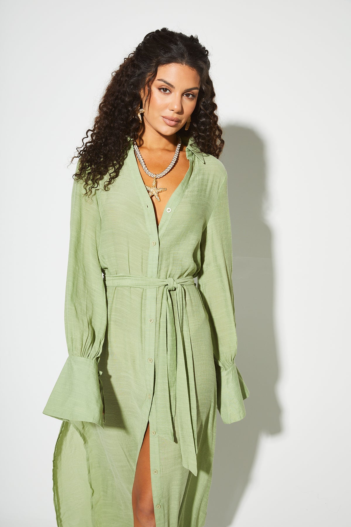 EBONY Sage Green Maxi Shirt Dress