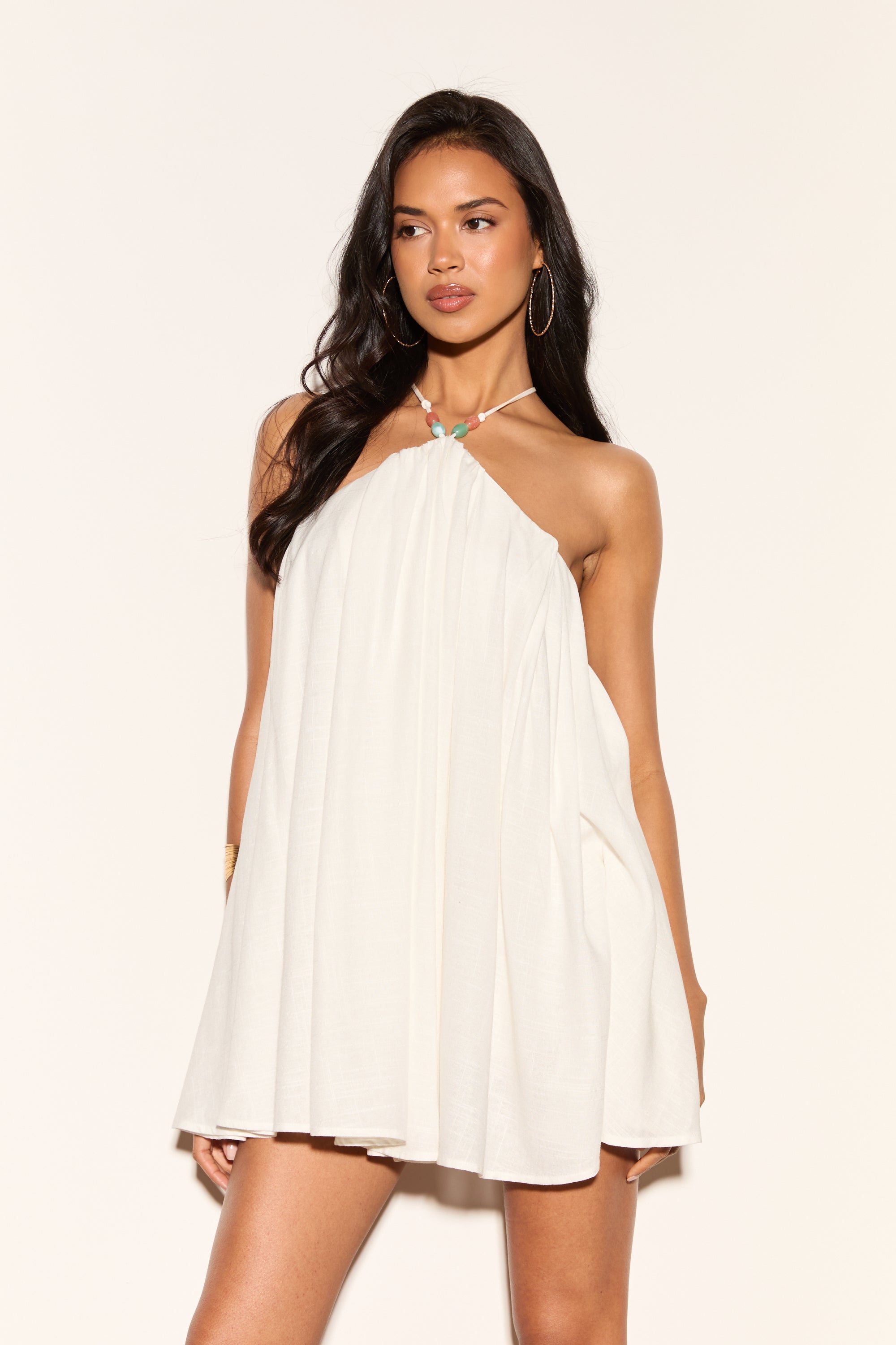 VALENCIA White Beaded Linen Halterneck Dress – Noughts & Kisses