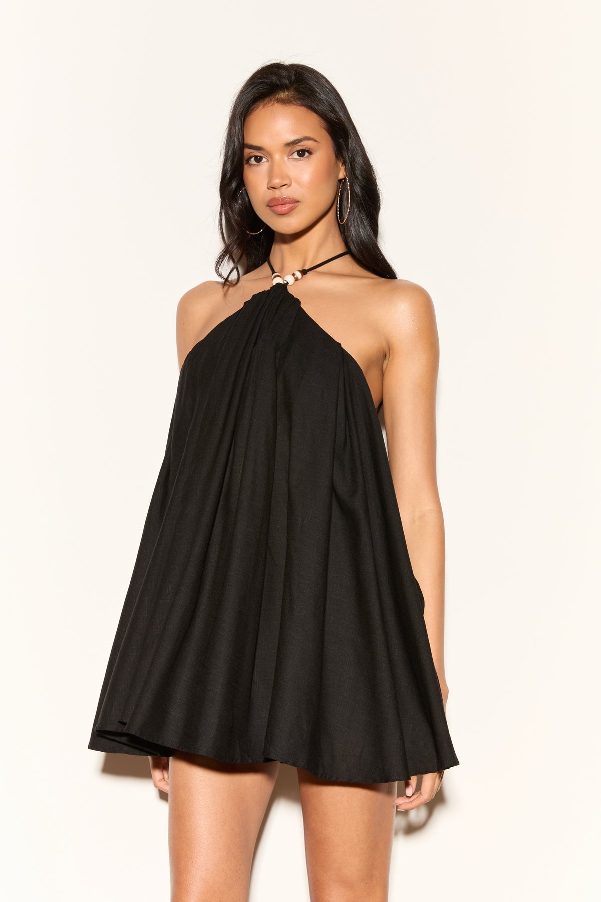 VALENCIA Black Beaded Linen Halterneck Dress