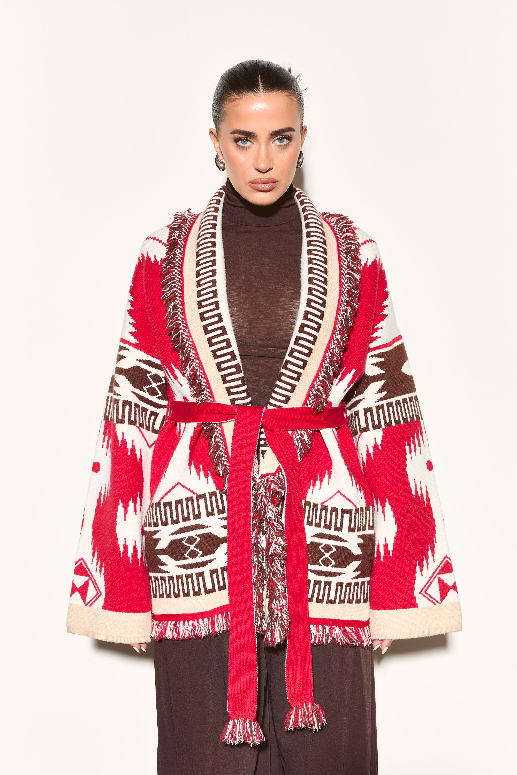 ARIA Red Aztec Long Cardigan – Noughts & Kisses