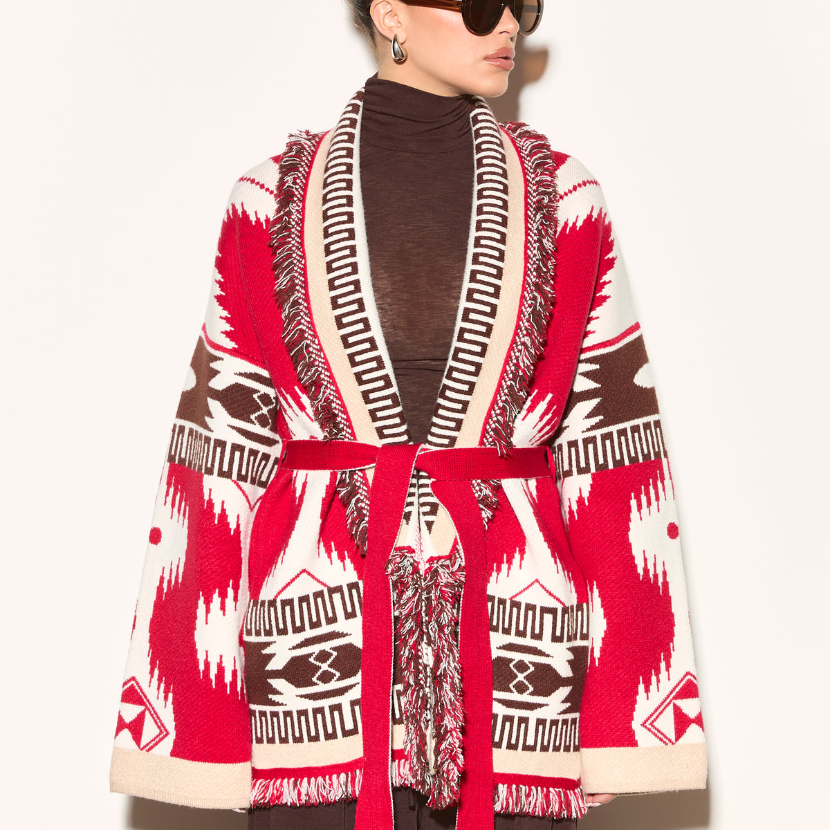 ARIA Red Aztec Long Cardigan