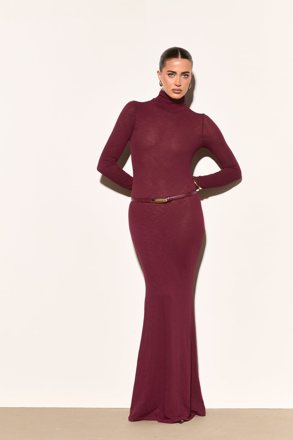 Noughts & Kisses Burgundy Fine Knit Maxi Dress