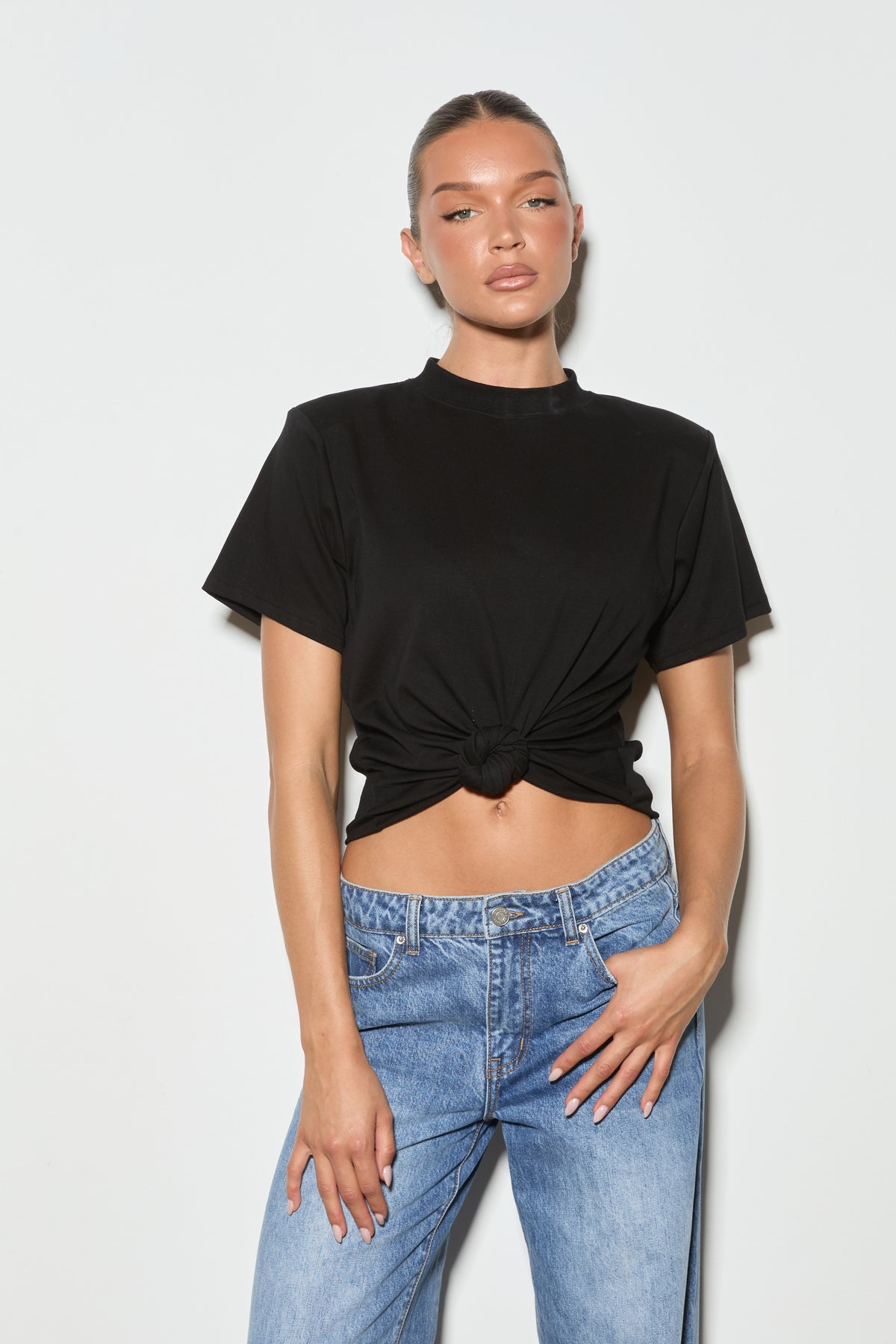 JENNICA Black Pre Knotted Shoulder Pad T-Shirt