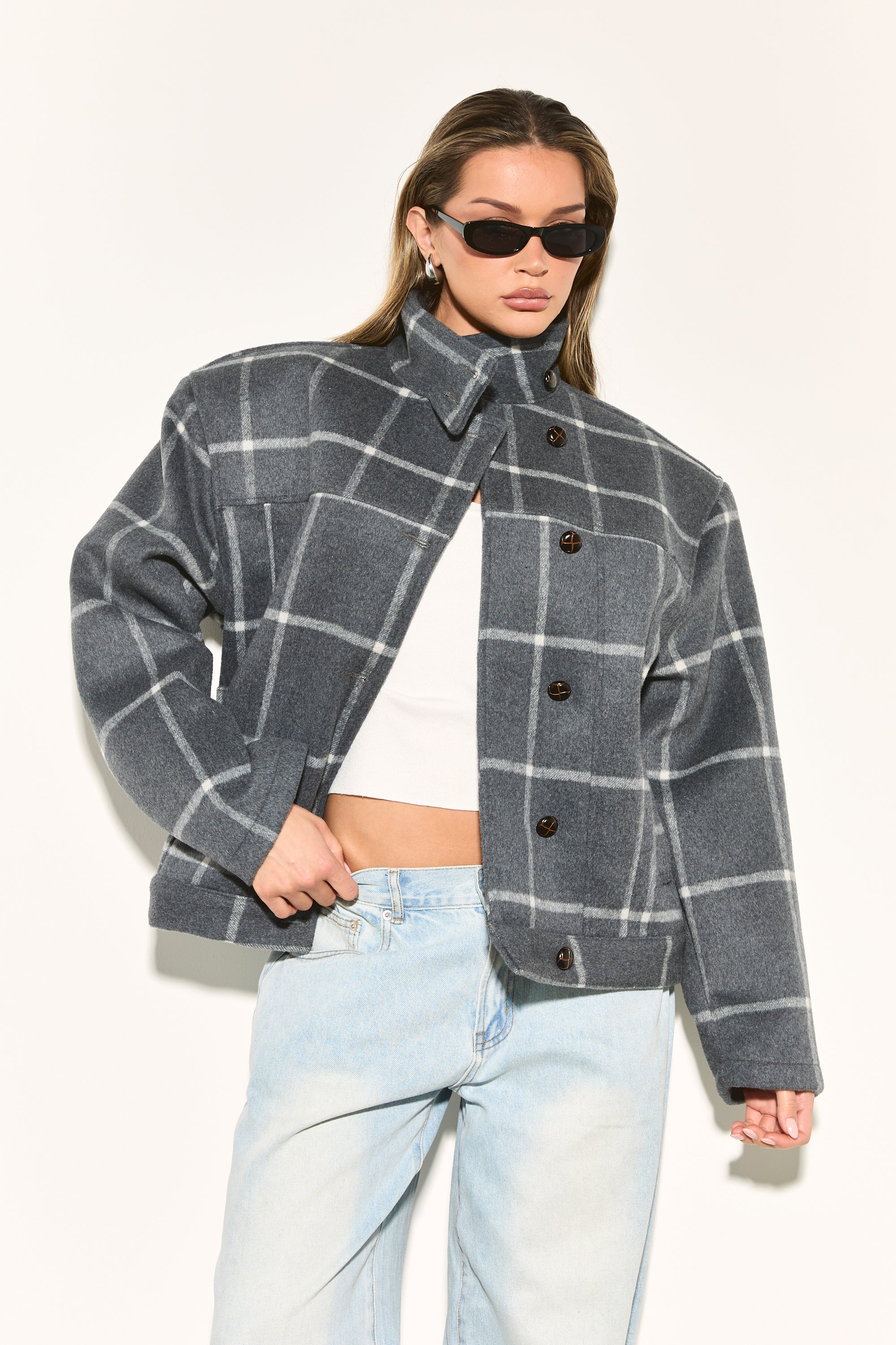 ジャケット・アウター ASKKY/GRUNGE OFFICER JACKET//RIBBON COAT LONIE Grey Check Wool Blend Jacket – Noughts & Kisses