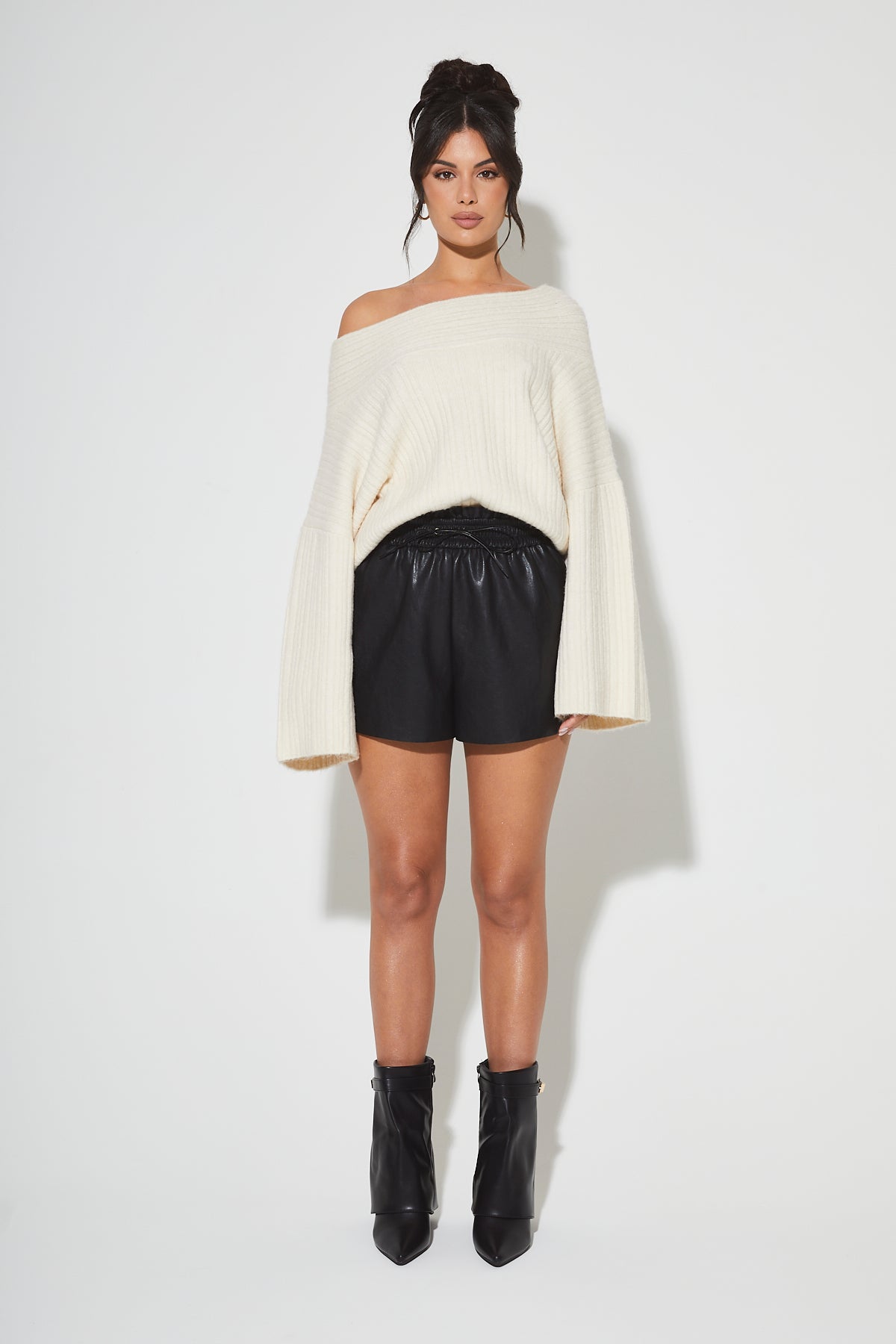 JULIA Cream Ribbed Bardot Jumper