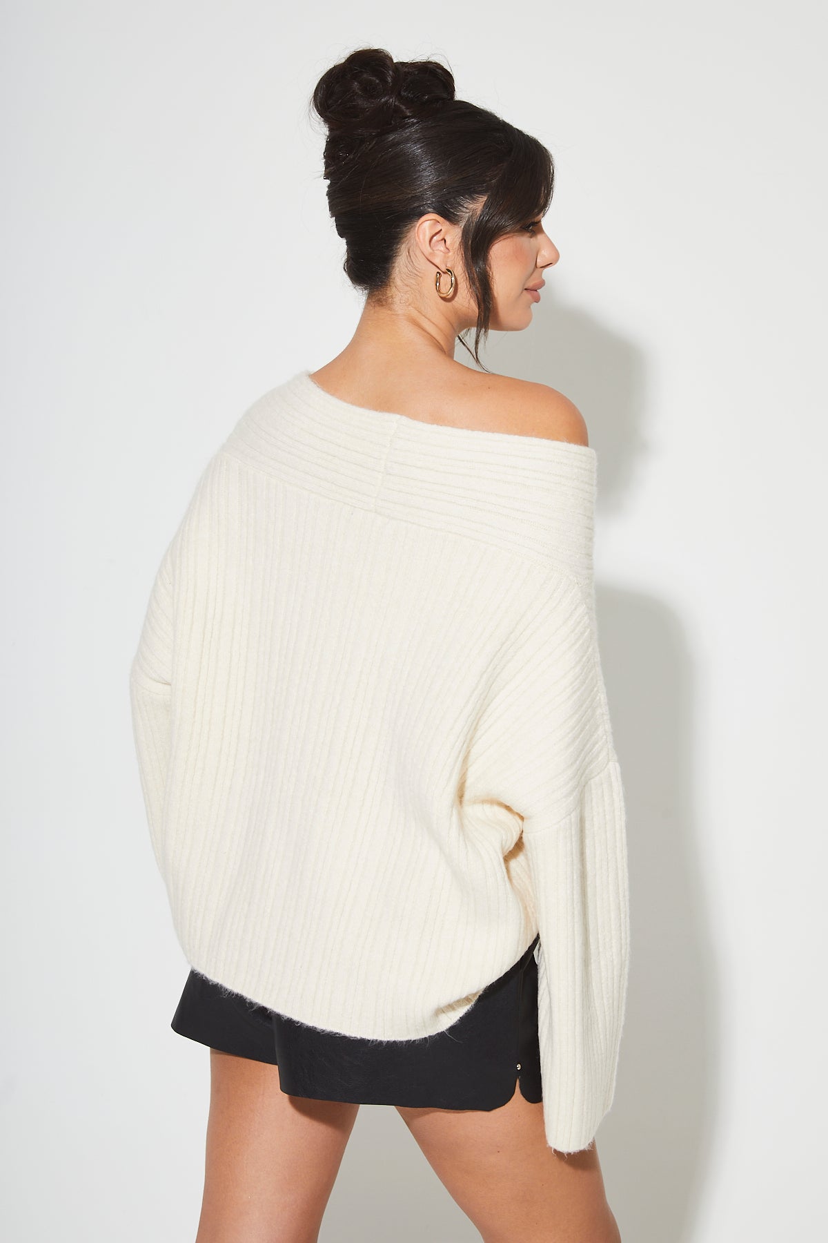 JULIA Cream Ribbed Bardot Jumper