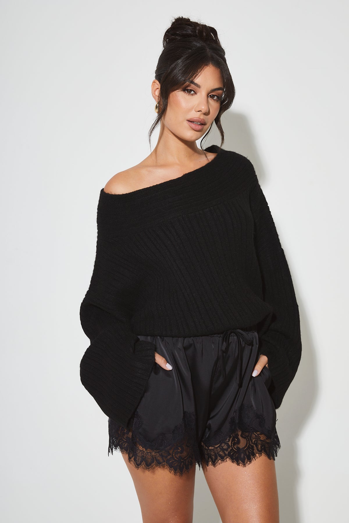 JULIA Black Ribbed Bardot Jumper