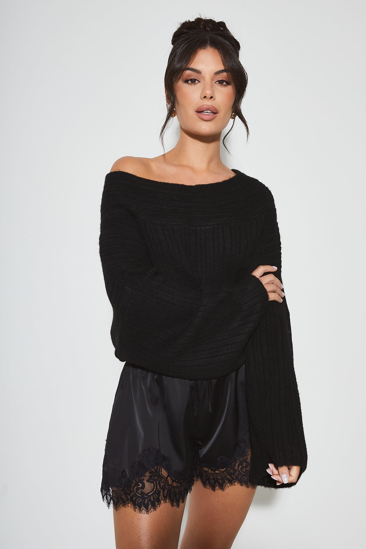 JULIA Black Ribbed Bardot Jumper