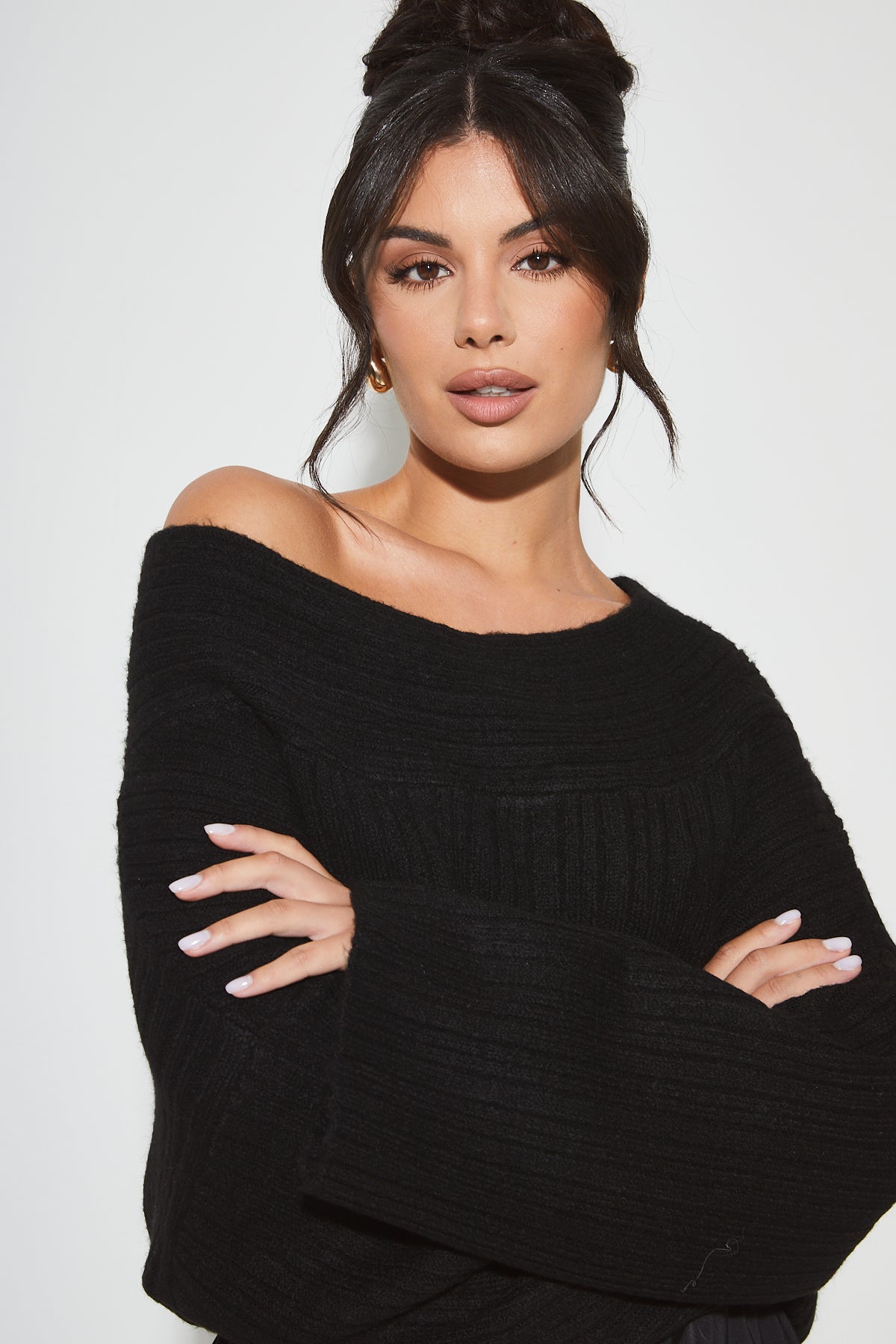 JULIA Black Ribbed Bardot Jumper