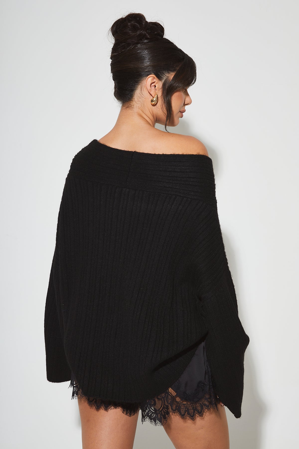 JULIA Black Ribbed Bardot Jumper